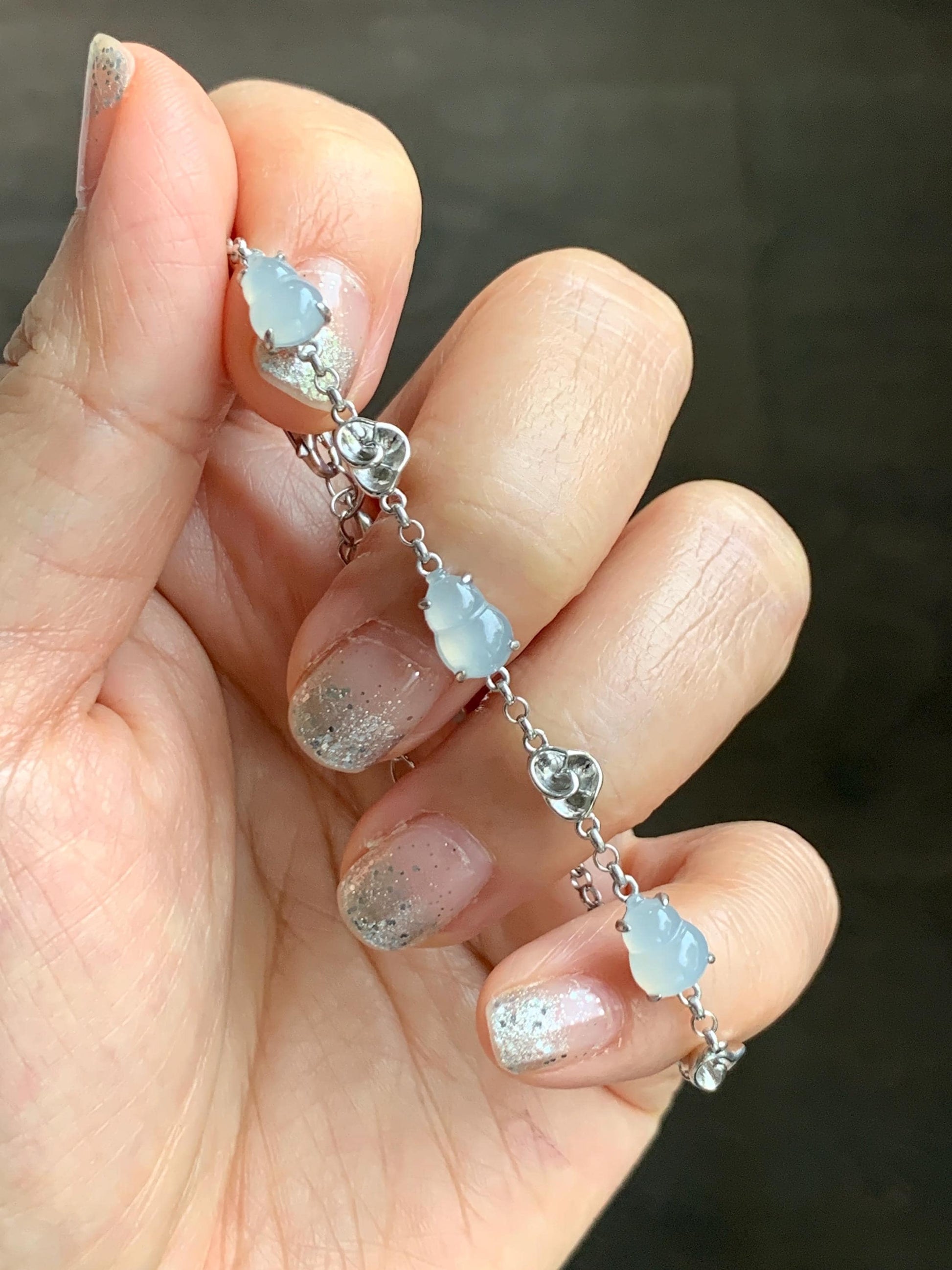 Certified Natural Grade A Icy Highly Translucent White Jade Jadeite Gourd Hulu Bracelet Sterling Silver 6.25-7.75” 天然冰胶起光白翡翠葫芦手链 165