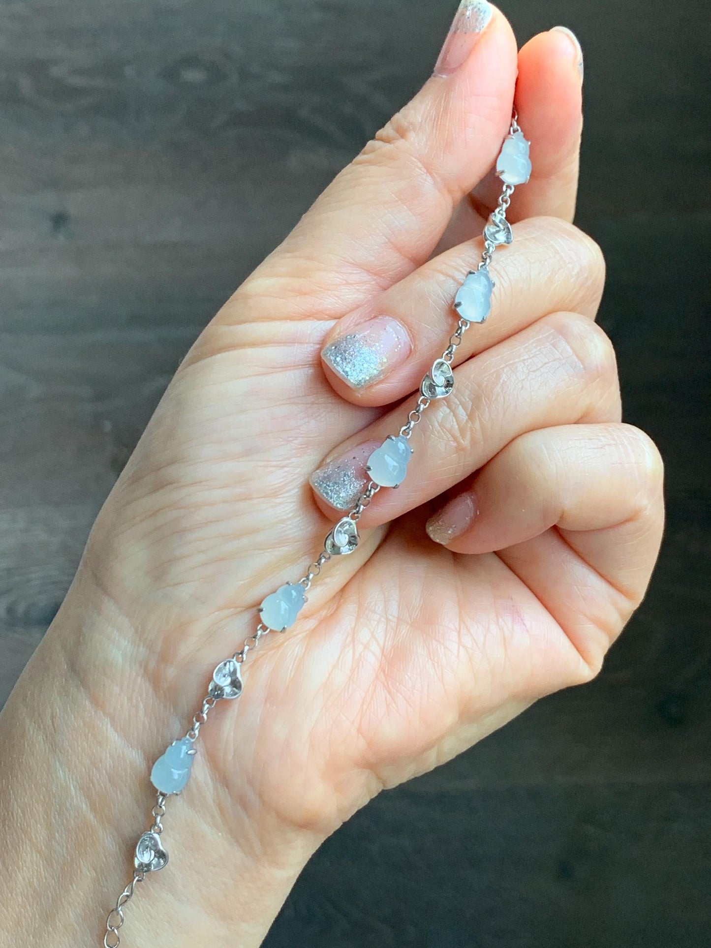 Certified Natural Grade A Icy Highly Translucent White Jade Jadeite Gourd Hulu Bracelet Sterling Silver 6.25-7.75” 天然冰胶起光白翡翠葫芦手链 165