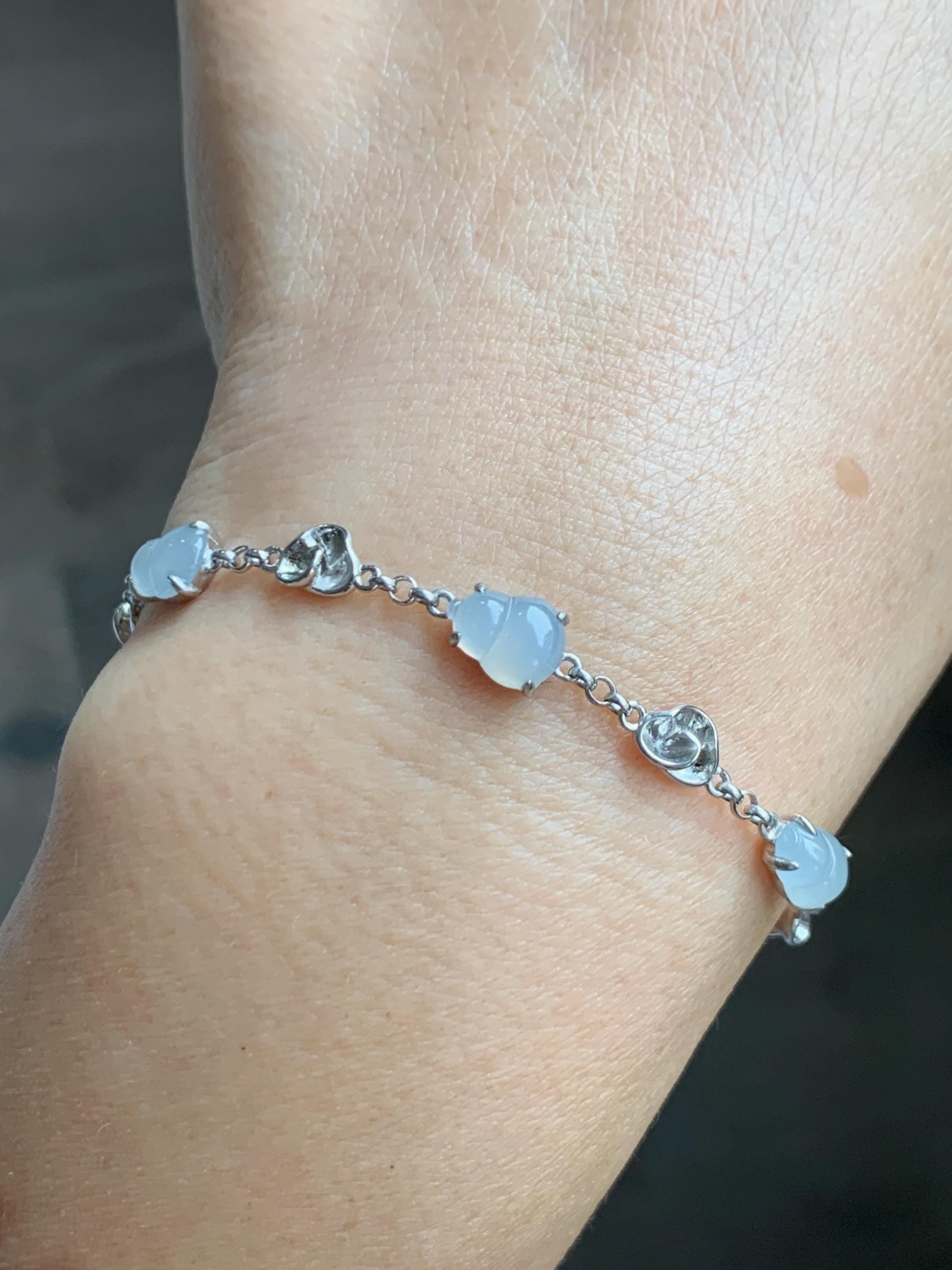 Certified Natural Grade A Icy Highly Translucent White Jade Jadeite Gourd Hulu Bracelet Sterling Silver 6.25-7.75” 天然冰胶起光白翡翠葫芦手链 165