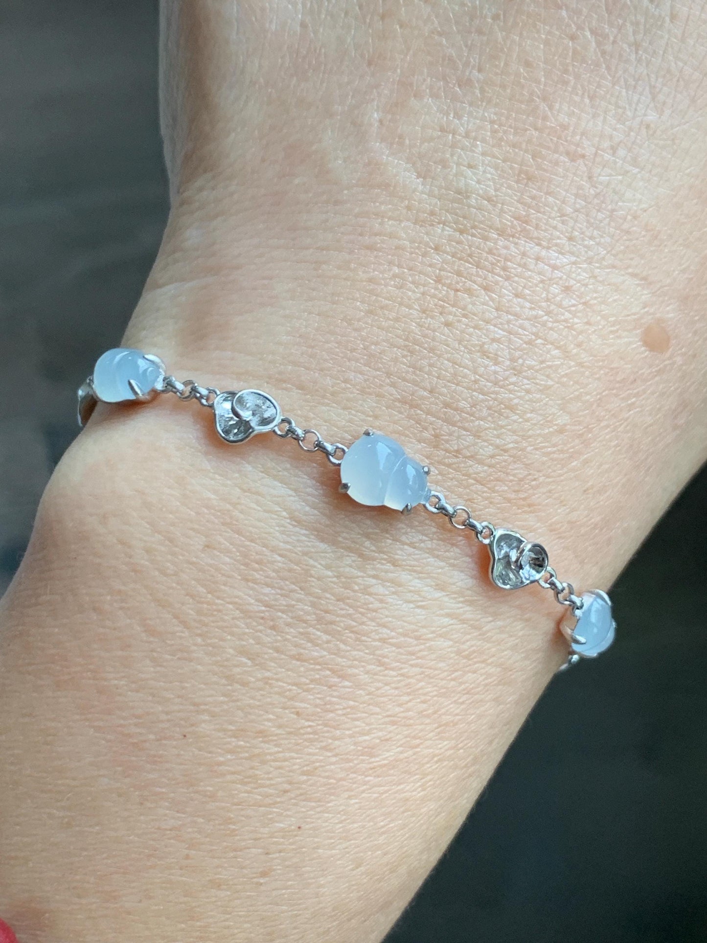 Certified Natural Grade A Icy Highly Translucent White Jade Jadeite Gourd Hulu Bracelet Sterling Silver 6.25-7.75” 天然冰胶起光白翡翠葫芦手链 165