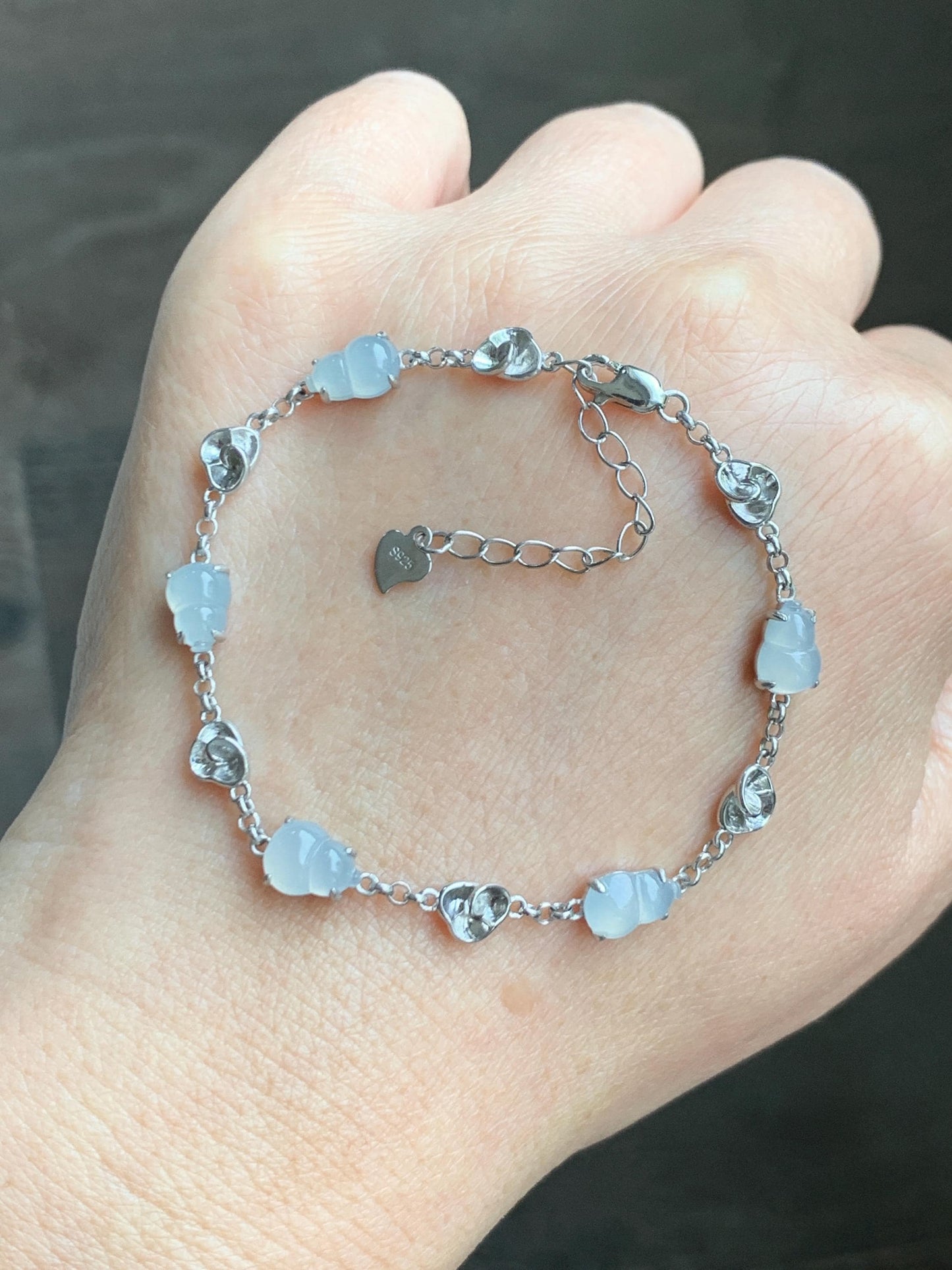 Certified Natural Grade A Icy Highly Translucent White Jade Jadeite Gourd Hulu Bracelet Sterling Silver 6.25-7.75” 天然冰胶起光白翡翠葫芦手链 165
