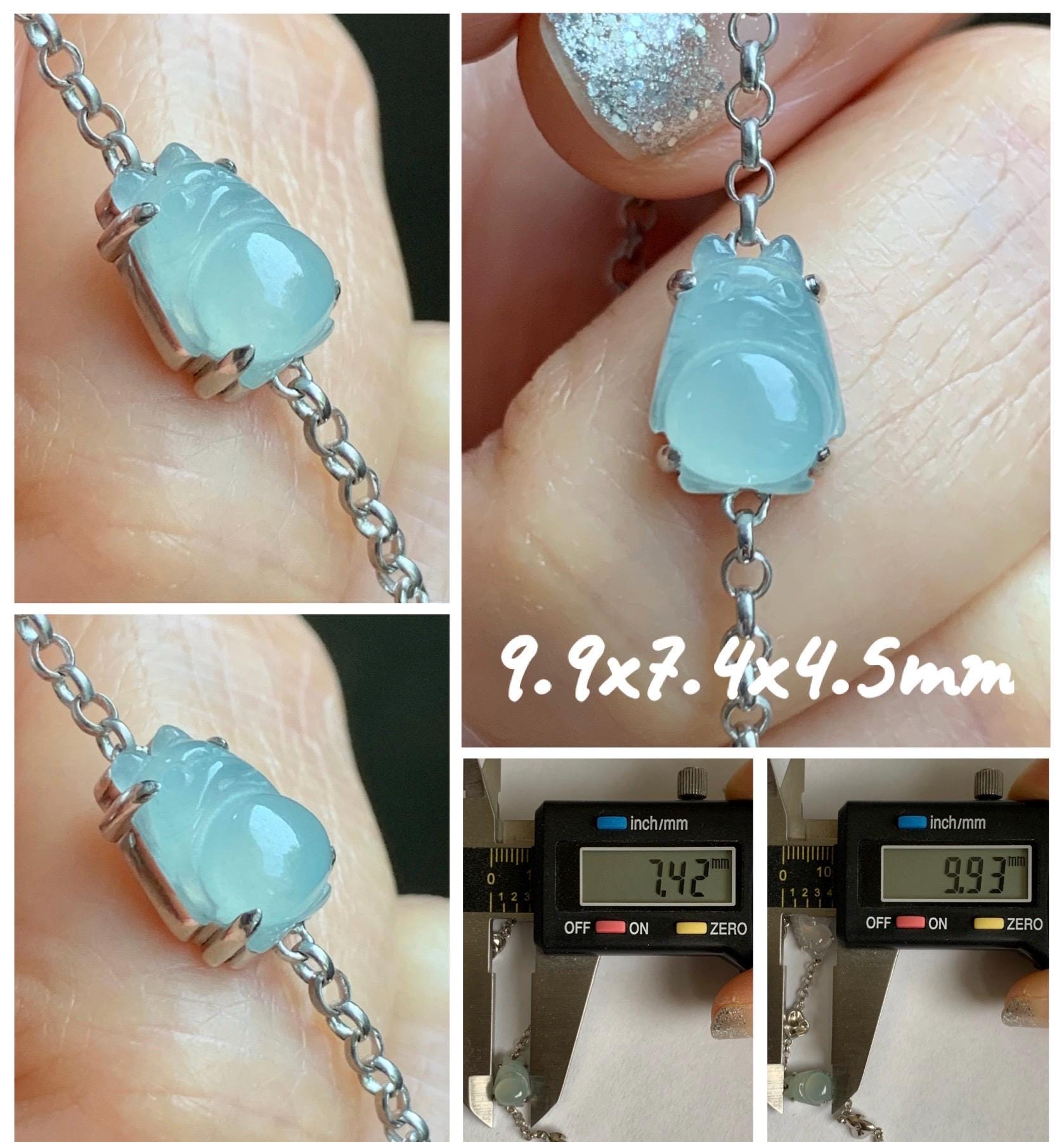 Certified Natural Grade A Icy Translucent Jade Jadeite Dumpling Seahorse Totoro Charms Bracelet Sterling Silver 6.25-7.75” 天然冰胶多宝翡翠手链 163