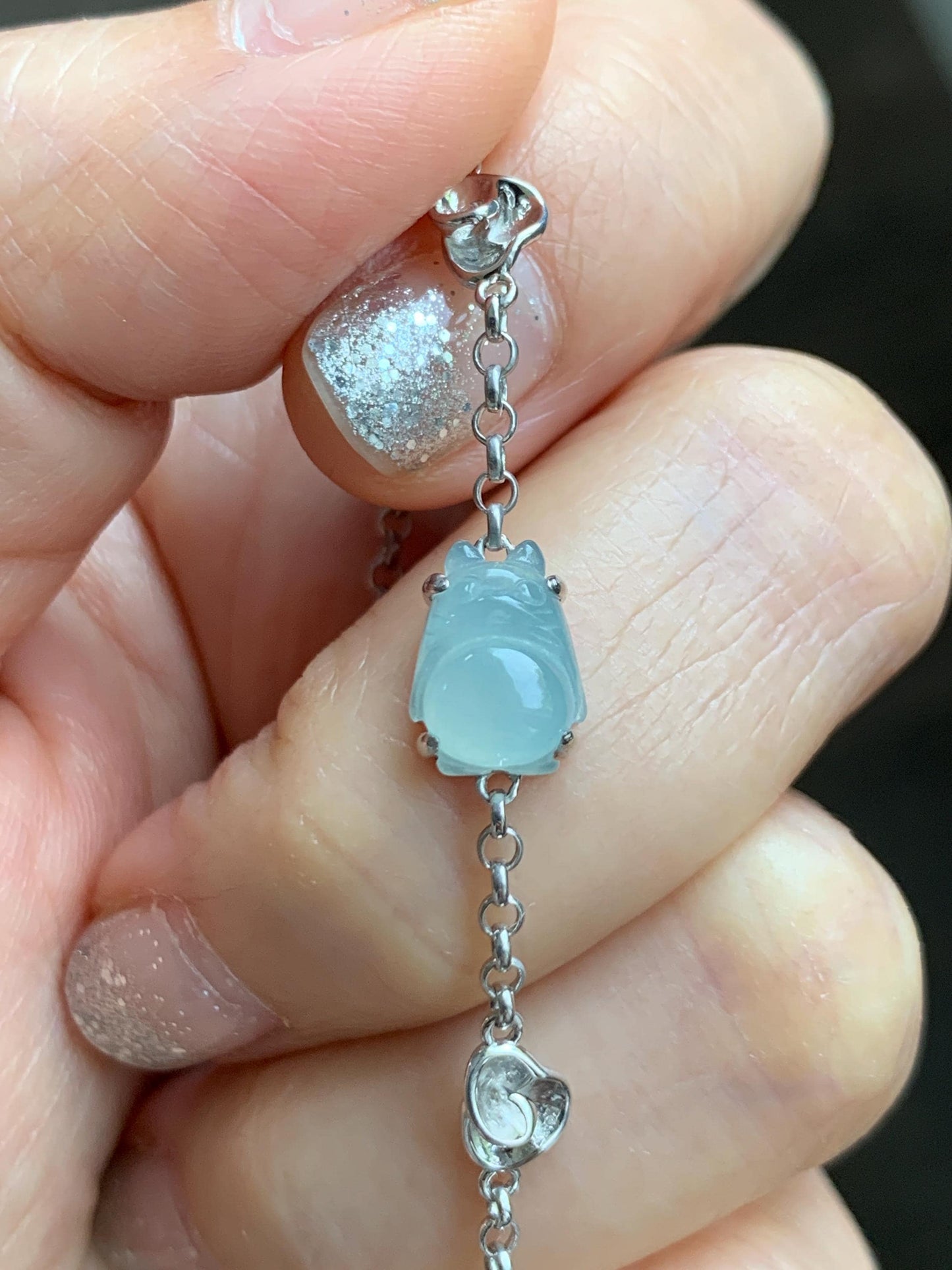 Certified Natural Grade A Icy Translucent Jade Jadeite Dumpling Seahorse Totoro Charms Bracelet Sterling Silver 6.25-7.75” 天然冰胶多宝翡翠手链 163