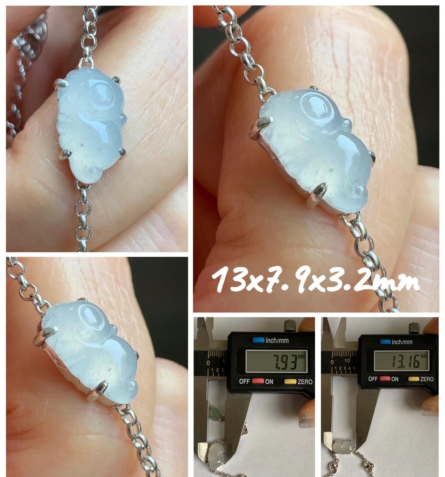 Certified Natural Grade A Icy Translucent Jade Jadeite Dumpling Seahorse Totoro Charms Bracelet Sterling Silver 6.25-7.75” 天然冰胶多宝翡翠手链 163