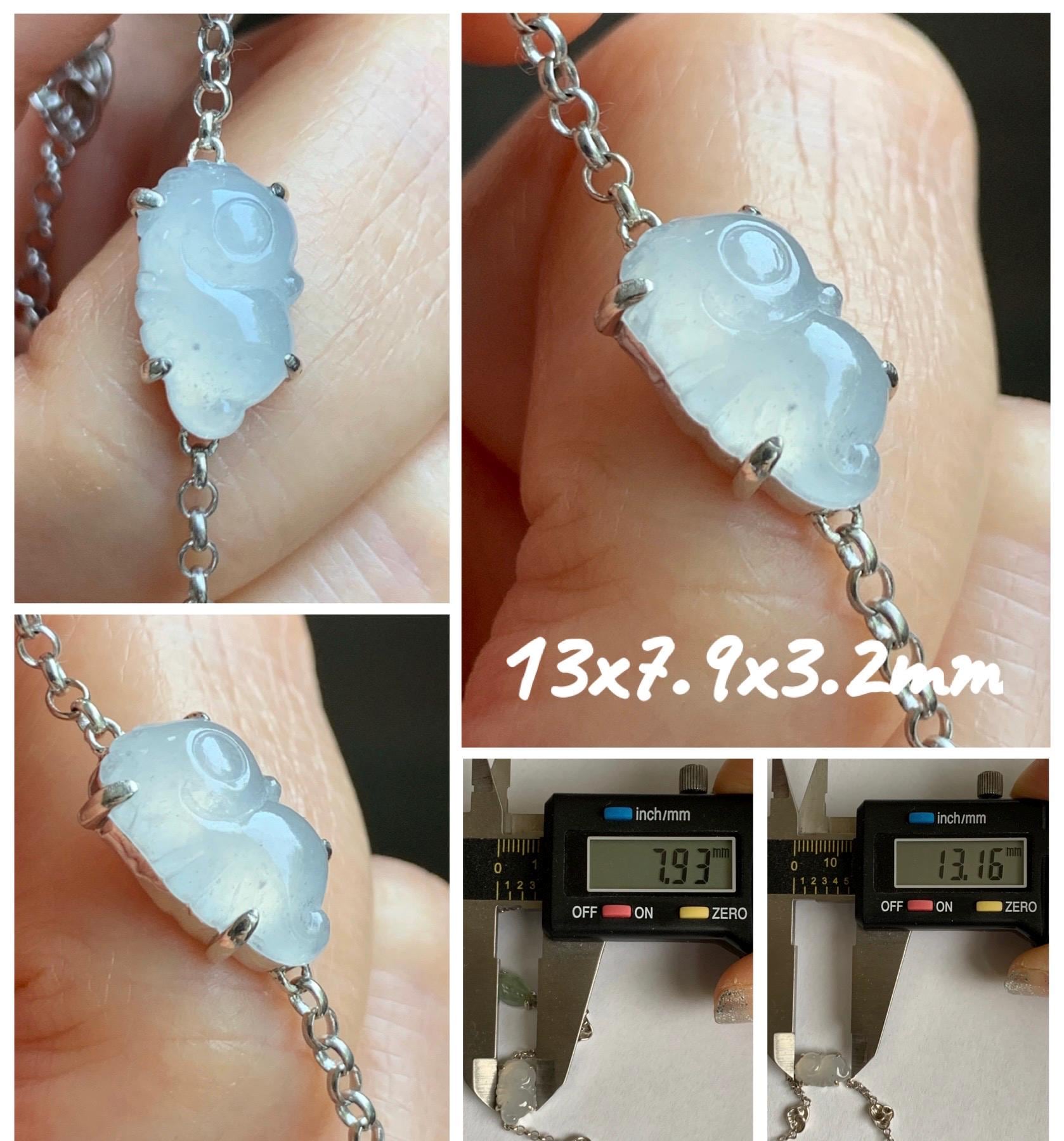 Certified Natural Grade A Icy Translucent Jade Jadeite Dumpling Seahorse Totoro Charms Bracelet Sterling Silver 6.25-7.75” 天然冰胶多宝翡翠手链 163