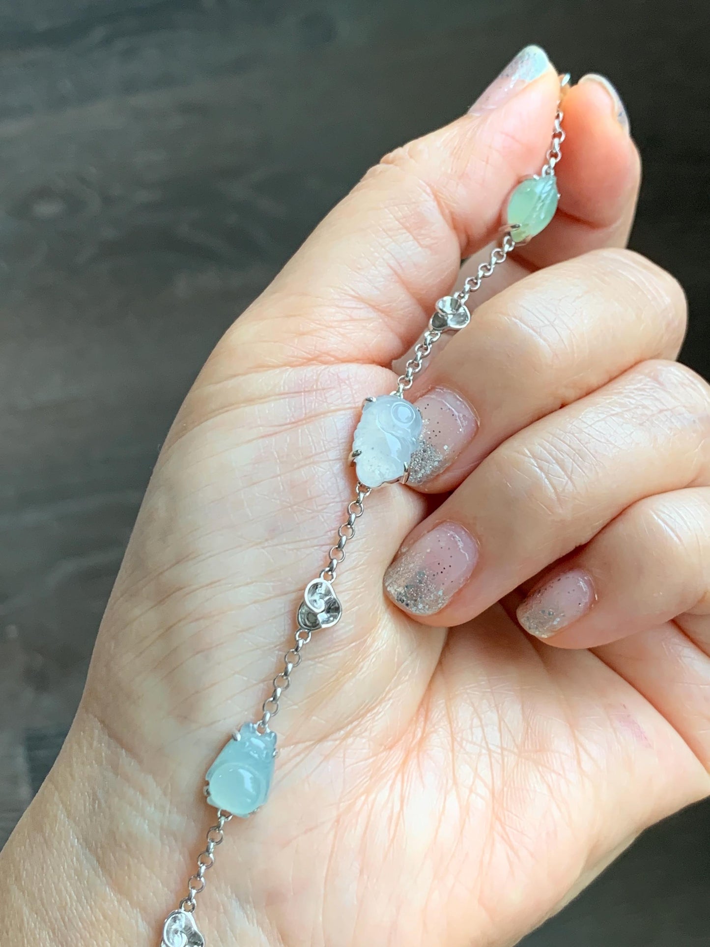Certified Natural Grade A Icy Translucent Jade Jadeite Dumpling Seahorse Totoro Charms Bracelet Sterling Silver 6.25-7.75” 天然冰胶多宝翡翠手链 163