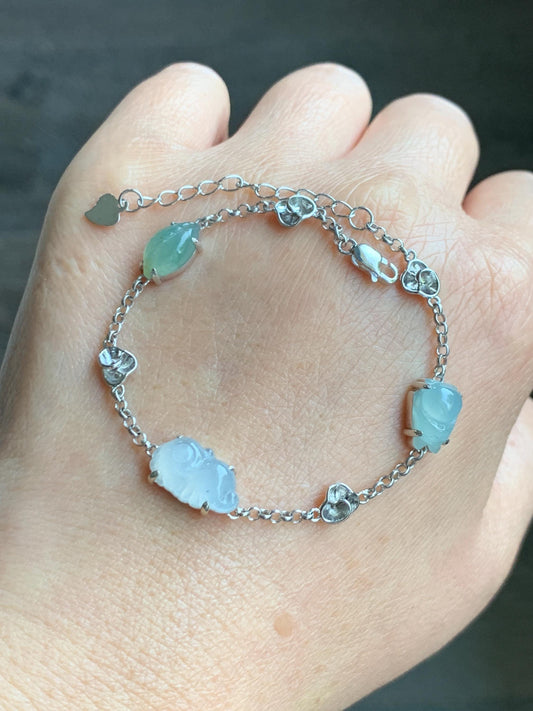Certified Natural Grade A Icy Translucent Jade Jadeite Dumpling Seahorse Totoro Charms Bracelet Sterling Silver 6.25-7.75” 天然冰胶多宝翡翠手链 163