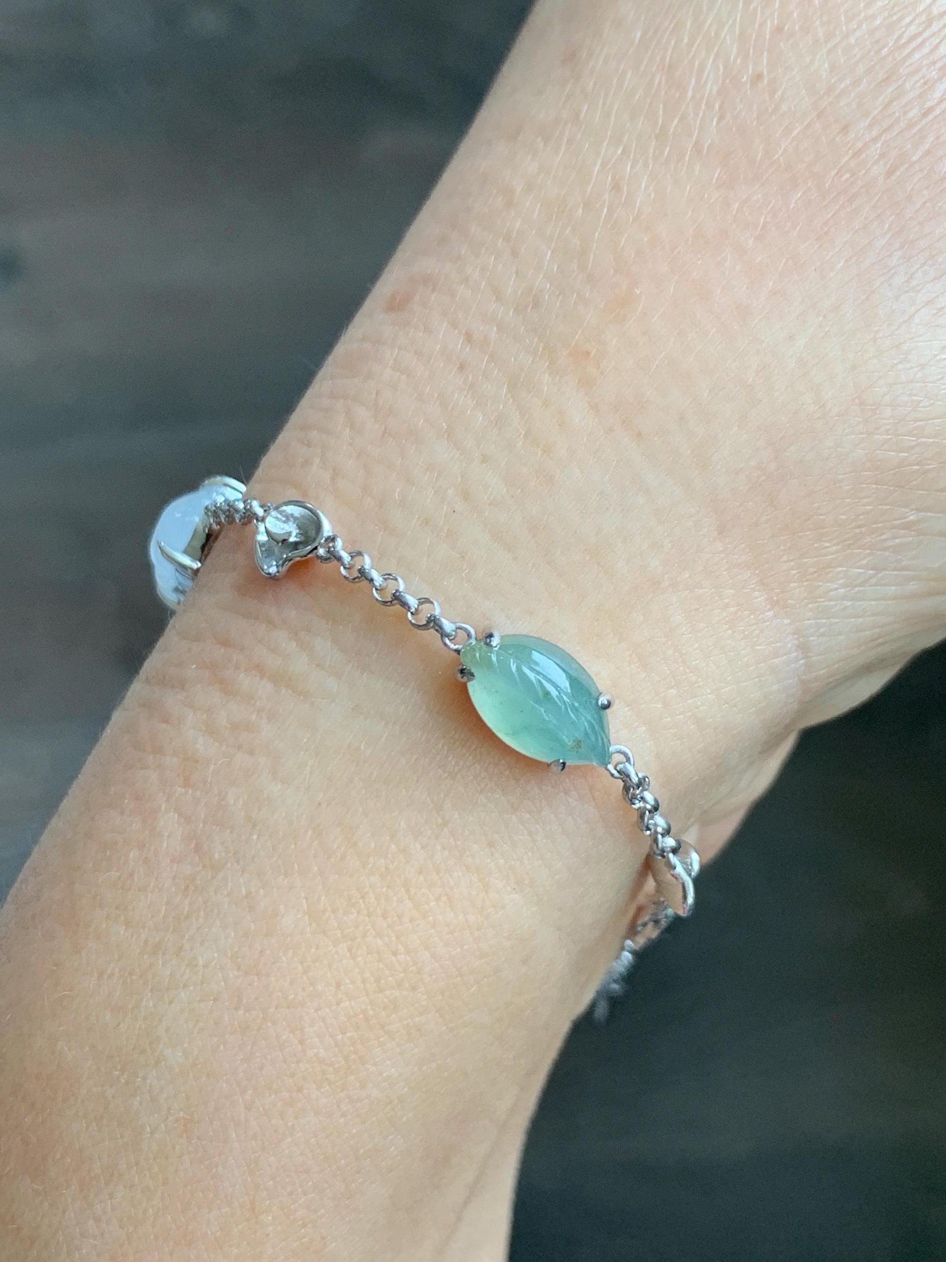 Certified Natural Grade A Icy Translucent Jade Jadeite Dumpling Seahorse Totoro Charms Bracelet Sterling Silver 6.25-7.75” 天然冰胶多宝翡翠手链 163