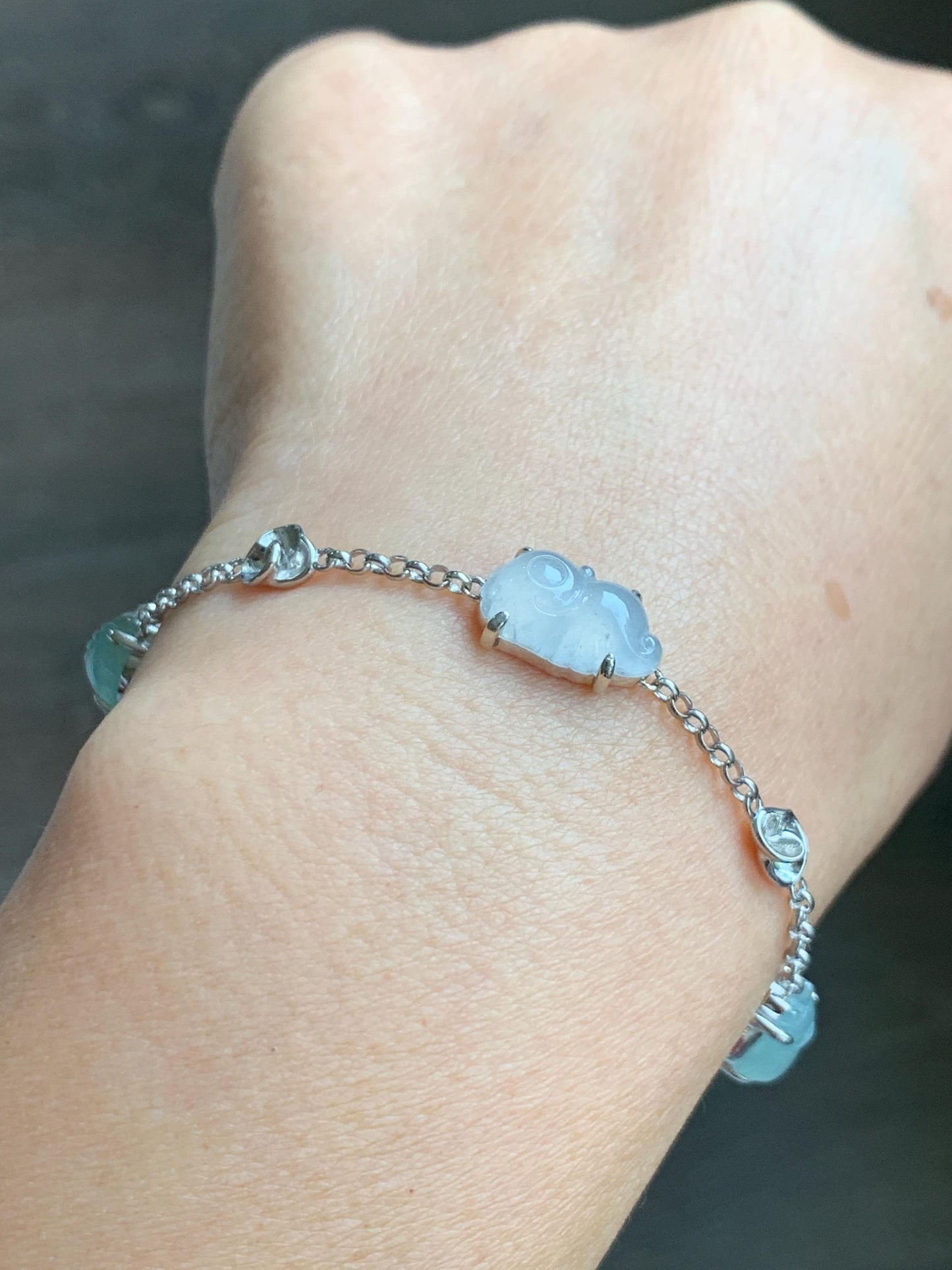 Certified Natural Grade A Icy Translucent Jade Jadeite Dumpling Seahorse Totoro Charms Bracelet Sterling Silver 6.25-7.75” 天然冰胶多宝翡翠手链 163
