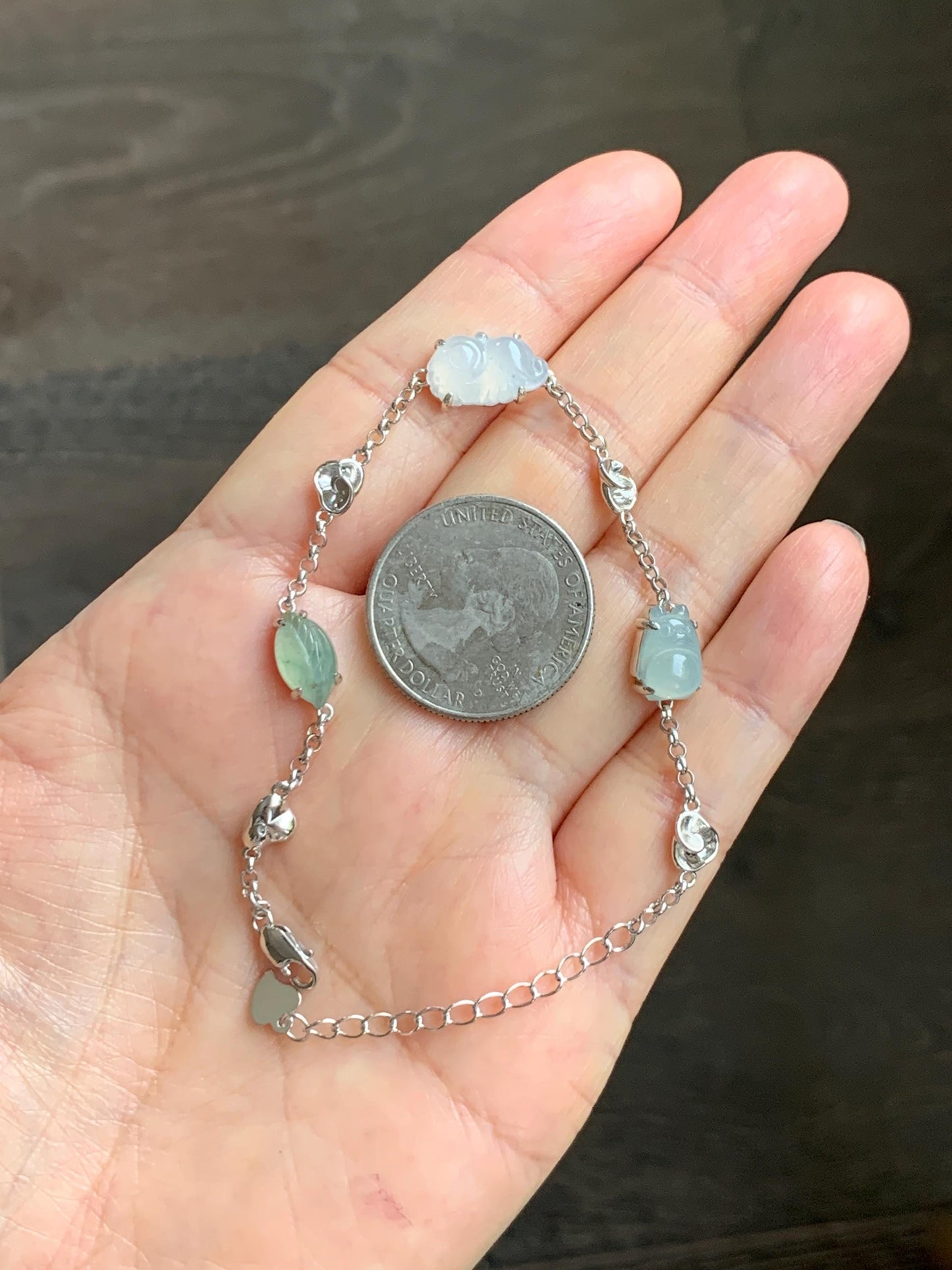 Certified Natural Grade A Icy Translucent Jade Jadeite Dumpling Seahorse Totoro Charms Bracelet Sterling Silver 6.25-7.75” 天然冰胶多宝翡翠手链 163