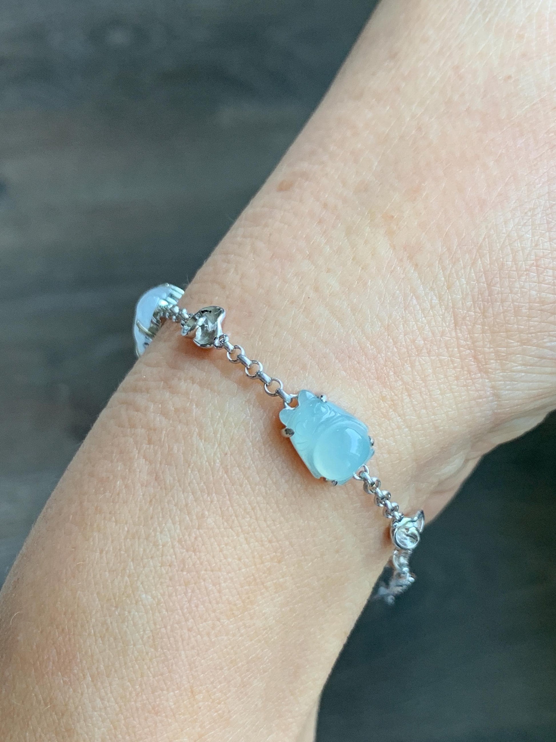 Certified Natural Grade A Icy Translucent Jade Jadeite Dumpling Seahorse Totoro Charms Bracelet Sterling Silver 6.25-7.75” 天然冰胶多宝翡翠手链 163