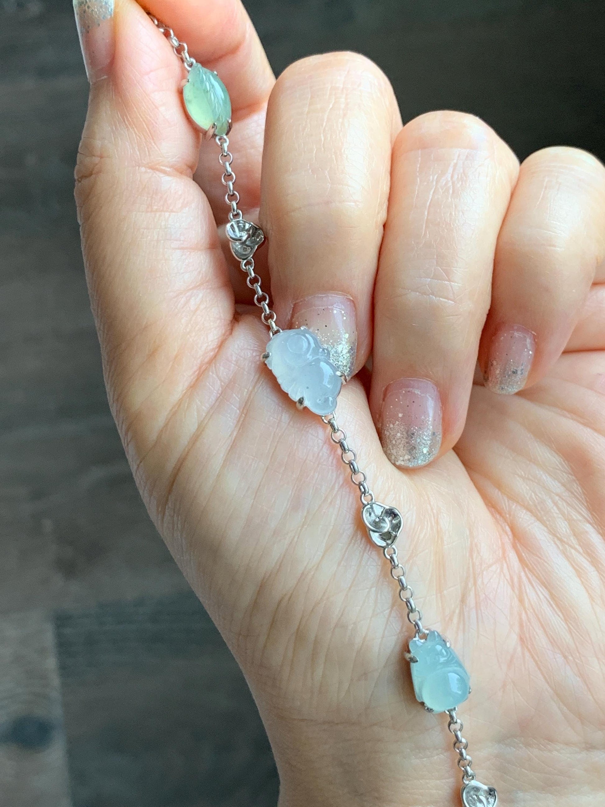 Certified Natural Grade A Icy Translucent Jade Jadeite Dumpling Seahorse Totoro Charms Bracelet Sterling Silver 6.25-7.75” 天然冰胶多宝翡翠手链 163