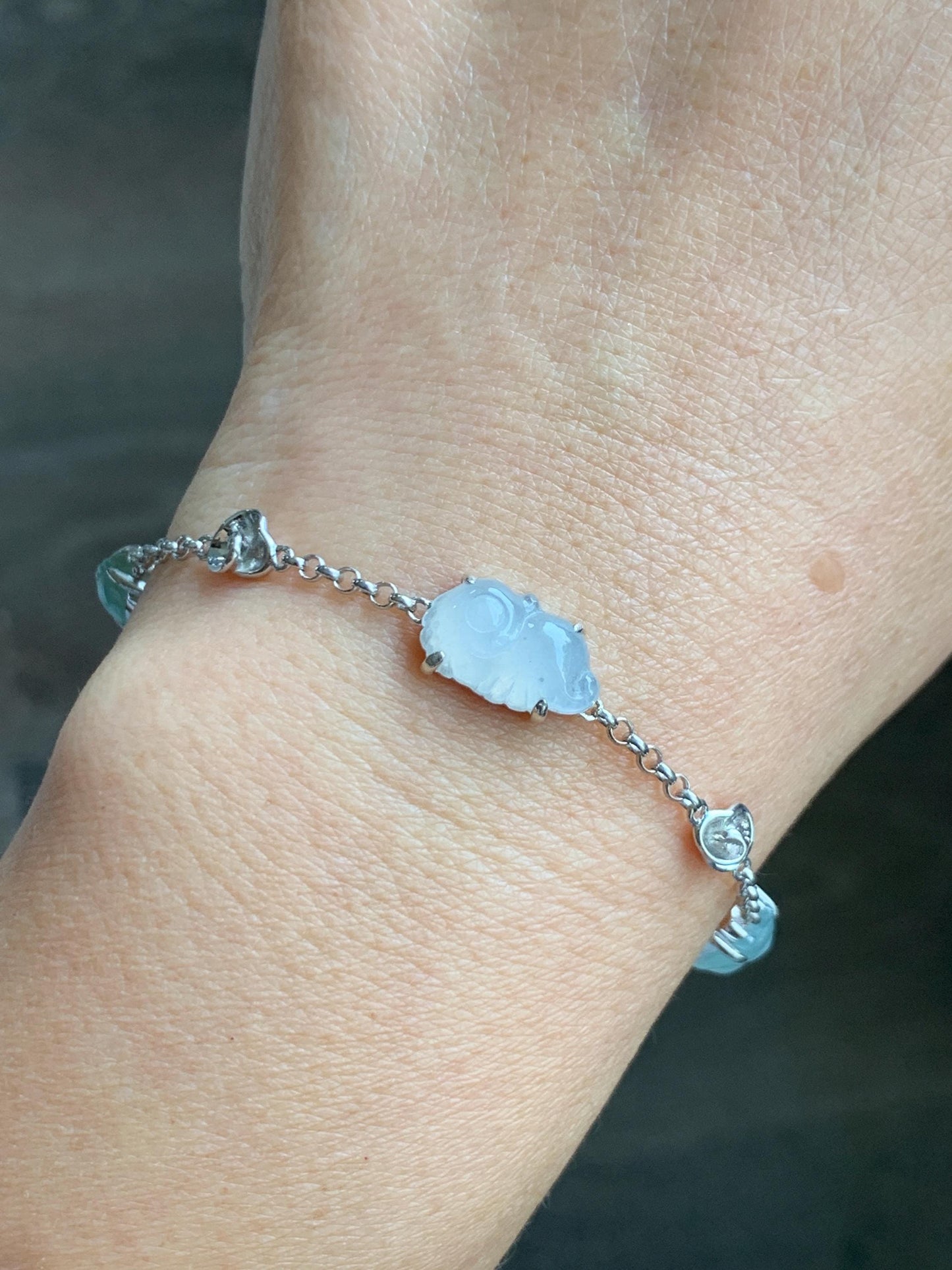 Certified Natural Grade A Icy Translucent Jade Jadeite Dumpling Seahorse Totoro Charms Bracelet Sterling Silver 6.25-7.75” 天然冰胶多宝翡翠手链 163