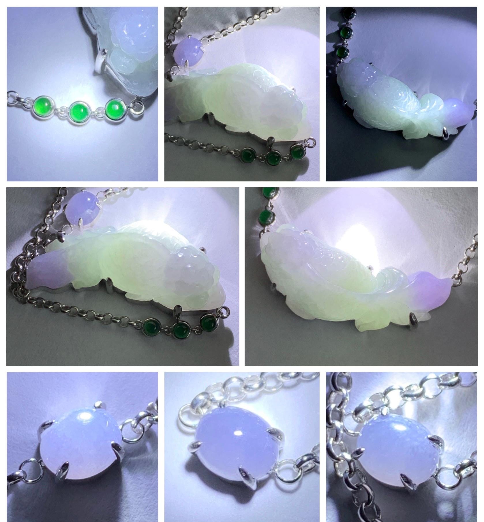 Certified Natural Grade A Icy Translucent Pastel Green Purple Jade Jadeite Goldfish Pendant Necklace Sterling Silver 16.5" 天然冰春彩翡翠金鱼锁骨链 172