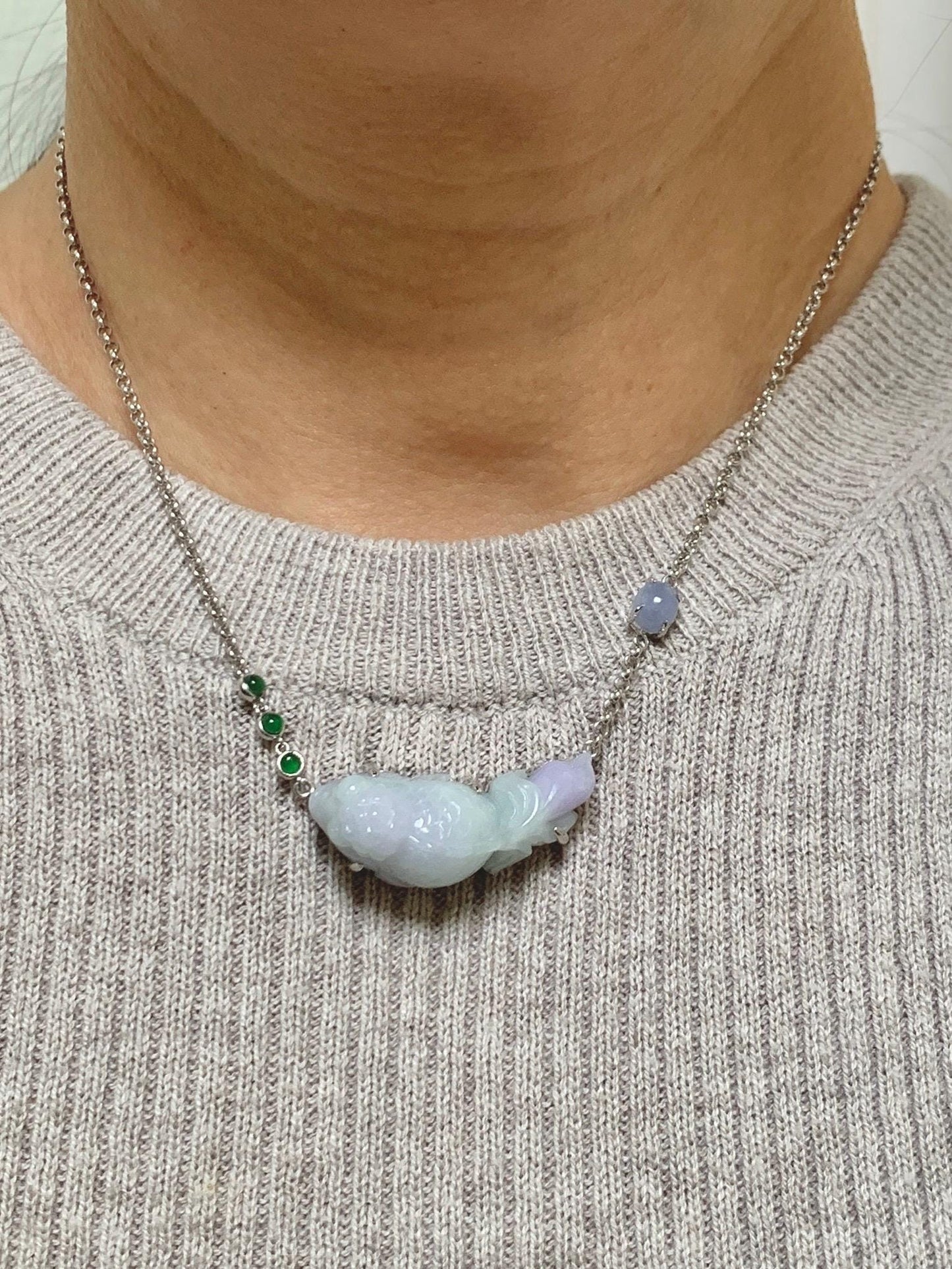 Certified Natural Grade A Icy Translucent Pastel Green Purple Jade Jadeite Goldfish Pendant Necklace Sterling Silver 16.5" 天然冰春彩翡翠金鱼锁骨链 172