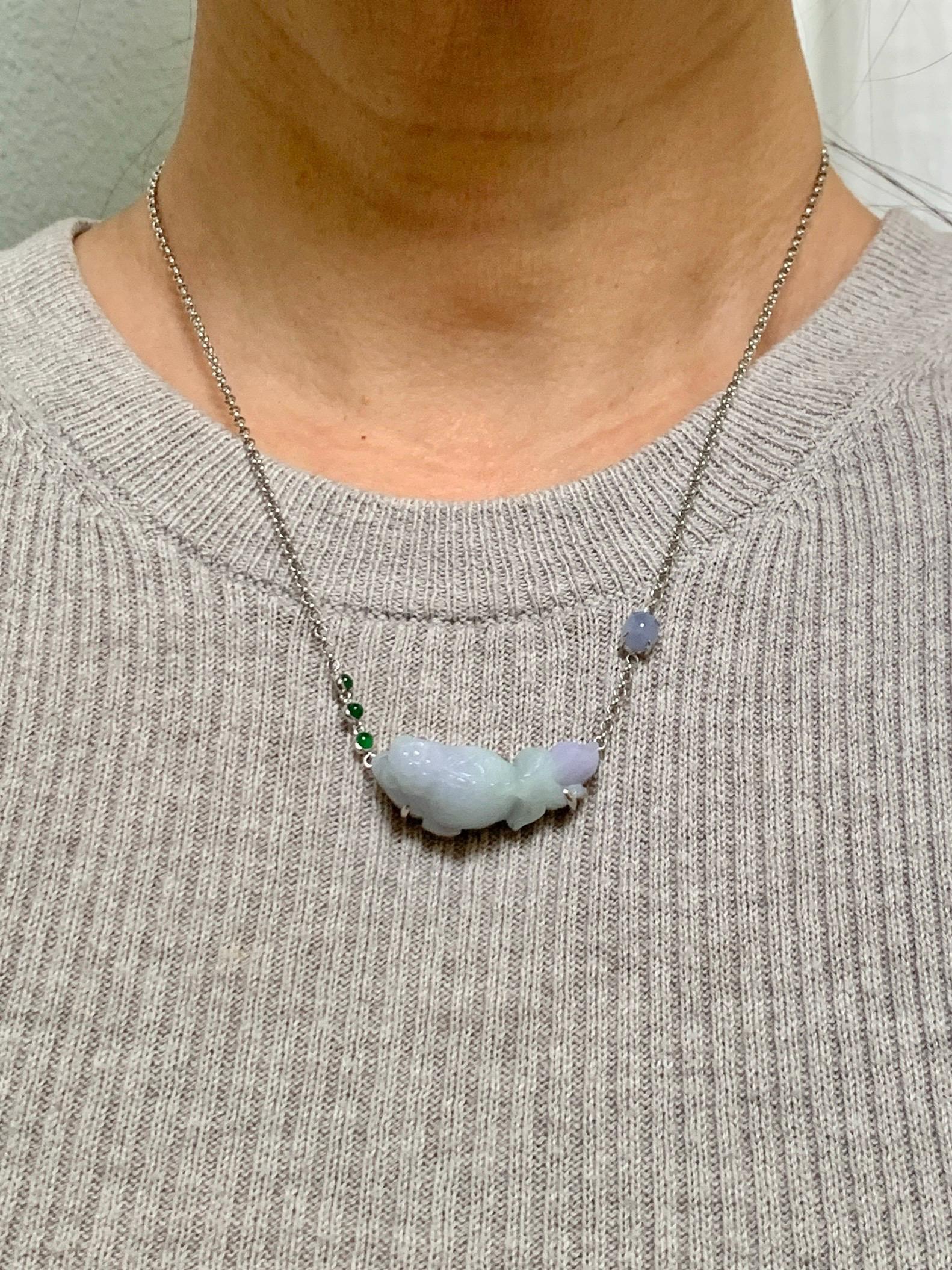 Certified Natural Grade A Icy Translucent Pastel Green Purple Jade Jadeite Goldfish Pendant Necklace Sterling Silver 16.5" 天然冰春彩翡翠金鱼锁骨链 172