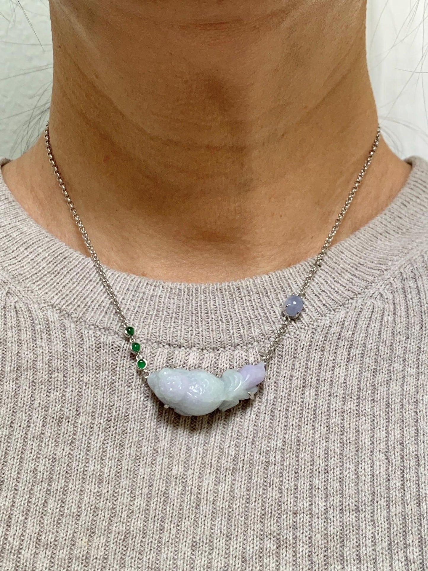 Certified Natural Grade A Icy Translucent Pastel Green Purple Jade Jadeite Goldfish Pendant Necklace Sterling Silver 16.5" 天然冰春彩翡翠金鱼锁骨链 172