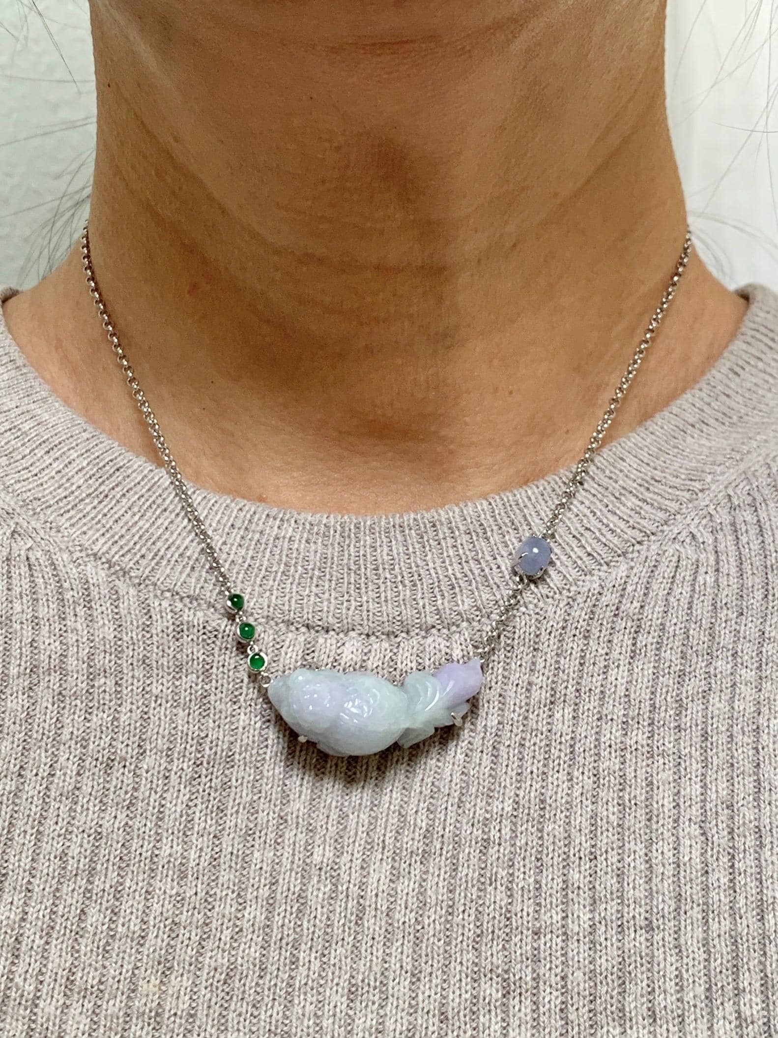 Certified Natural Grade A Icy Translucent Pastel Green Purple Jade Jadeite Goldfish Pendant Necklace Sterling Silver 16.5" 天然冰春彩翡翠金鱼锁骨链 172