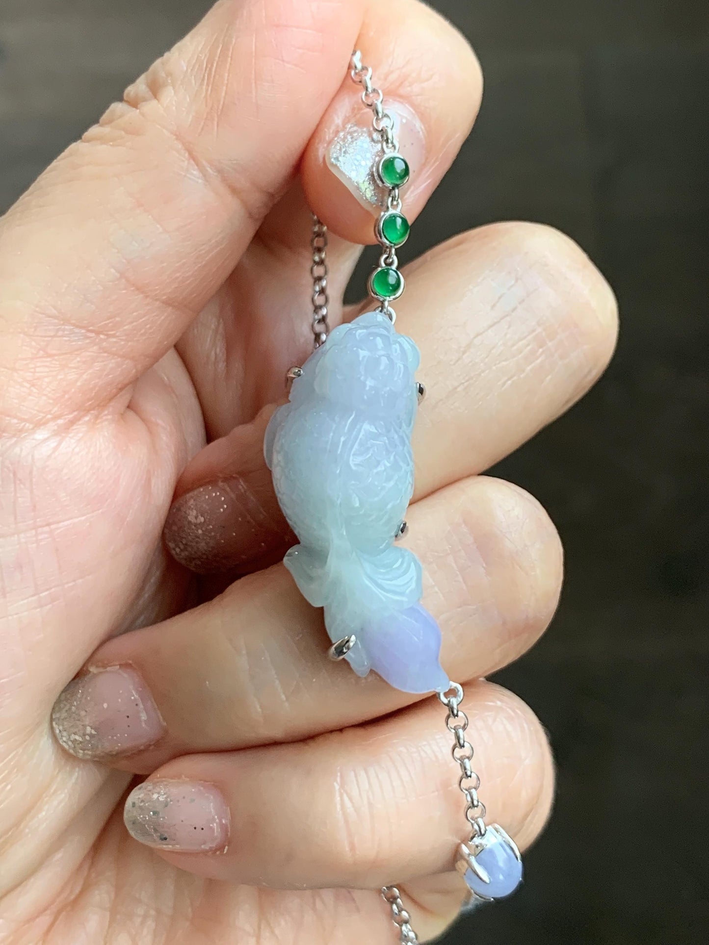 Certified Natural Grade A Icy Translucent Pastel Green Purple Jade Jadeite Goldfish Pendant Necklace Sterling Silver 16.5" 天然冰春彩翡翠金鱼锁骨链 172