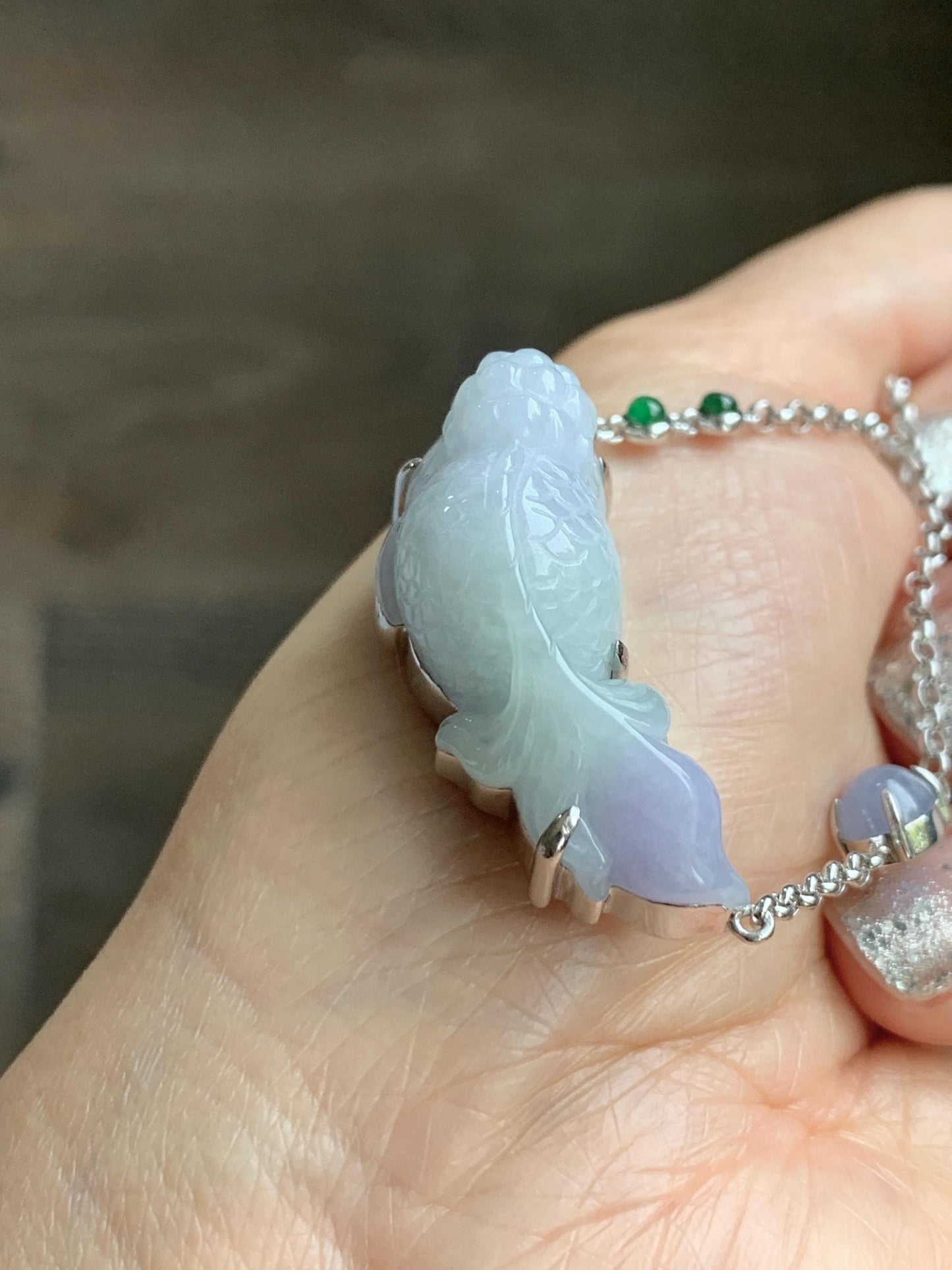 Certified Natural Grade A Icy Translucent Pastel Green Purple Jade Jadeite Goldfish Pendant Necklace Sterling Silver 16.5" 天然冰春彩翡翠金鱼锁骨链 172