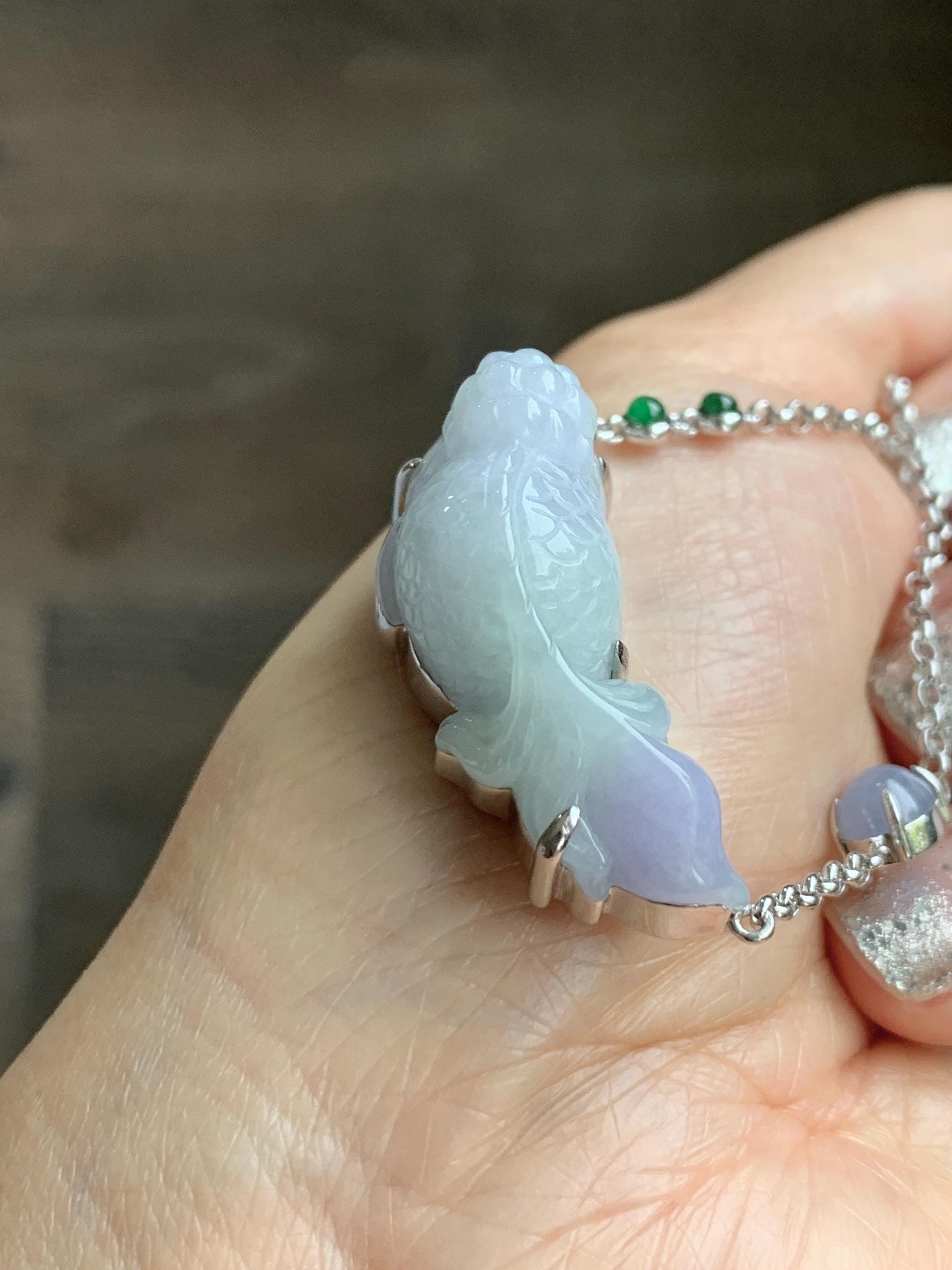 Certified Natural Grade A Icy Translucent Pastel Green Purple Jade Jadeite Goldfish Pendant Necklace Sterling Silver 16.5" 天然冰春彩翡翠金鱼锁骨链 172