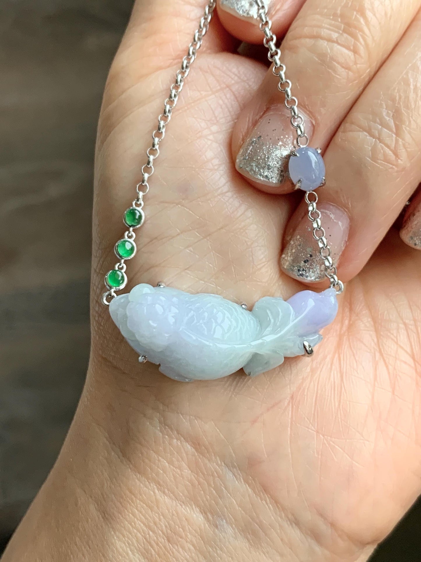 Certified Natural Grade A Icy Translucent Pastel Green Purple Jade Jadeite Goldfish Pendant Necklace Sterling Silver 16.5" 天然冰春彩翡翠金鱼锁骨链 172
