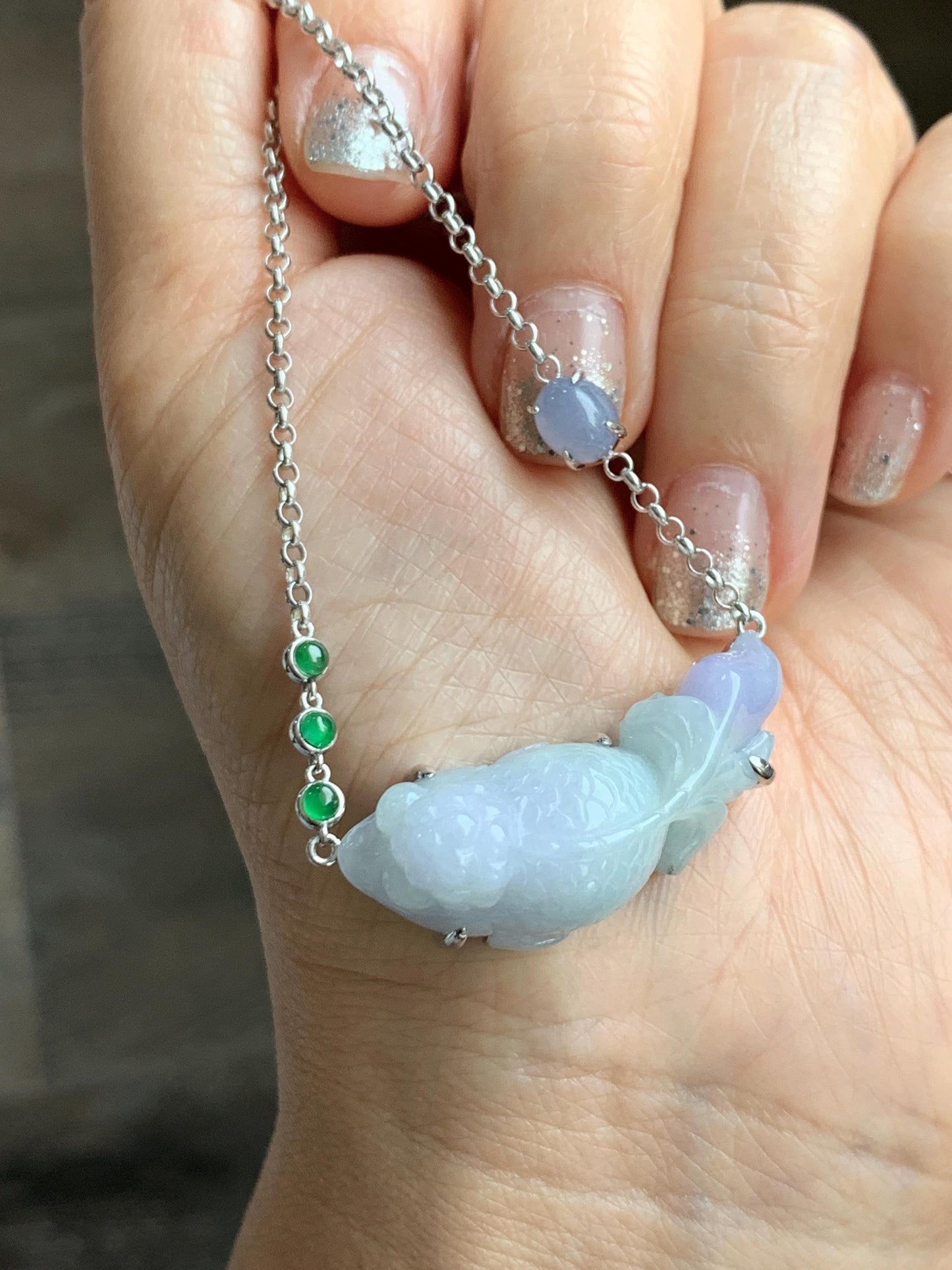 Certified Natural Grade A Icy Translucent Pastel Green Purple Jade Jadeite Goldfish Pendant Necklace Sterling Silver 16.5" 天然冰春彩翡翠金鱼锁骨链 172
