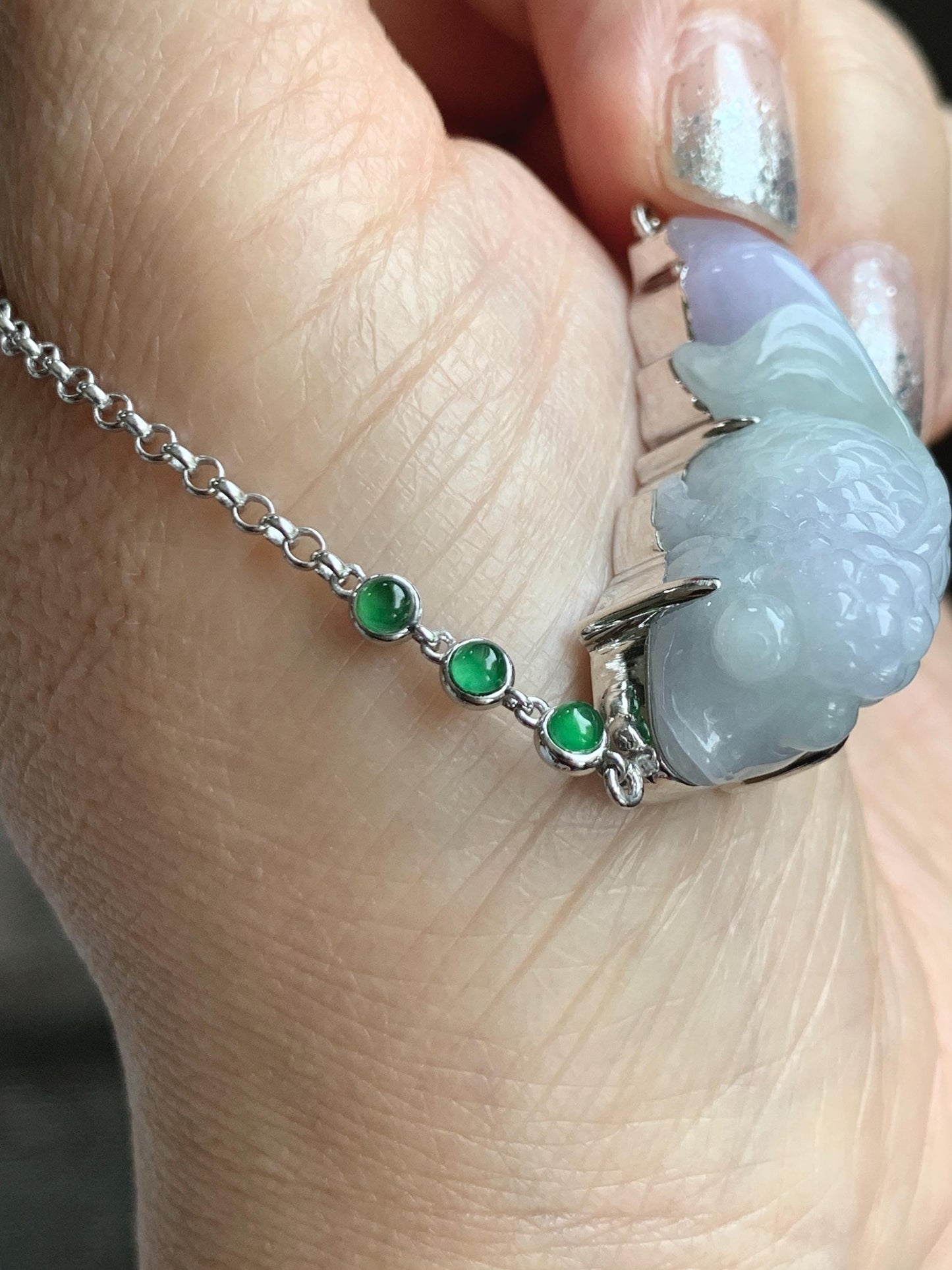 Certified Natural Grade A Icy Translucent Pastel Green Purple Jade Jadeite Goldfish Pendant Necklace Sterling Silver 16.5" 天然冰春彩翡翠金鱼锁骨链 172