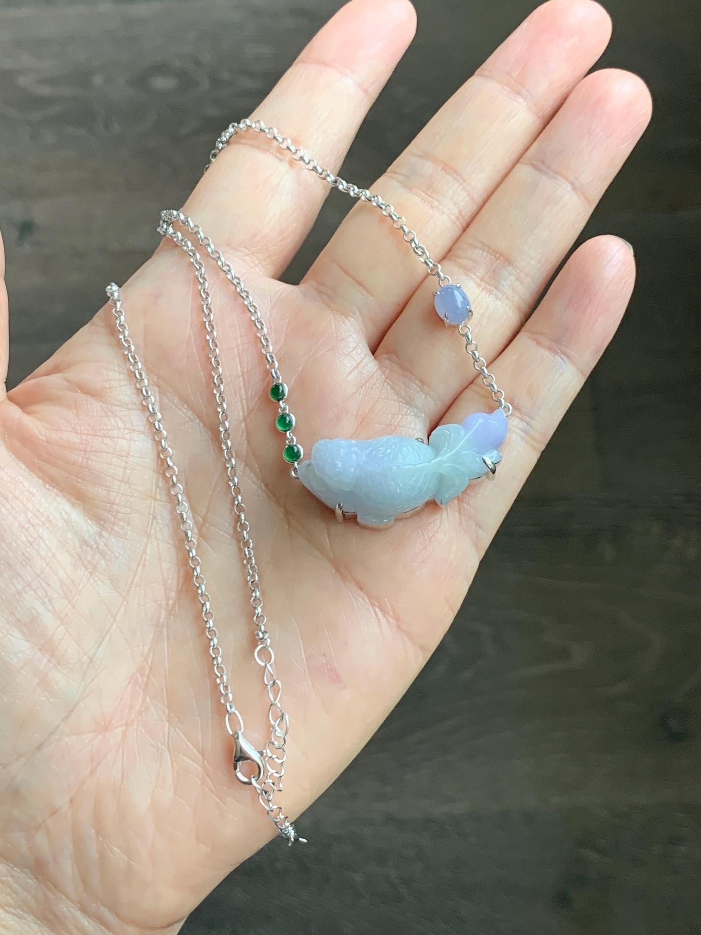 Certified Natural Grade A Icy Translucent Pastel Green Purple Jade Jadeite Goldfish Pendant Necklace Sterling Silver 16.5" 天然冰春彩翡翠金鱼锁骨链 172