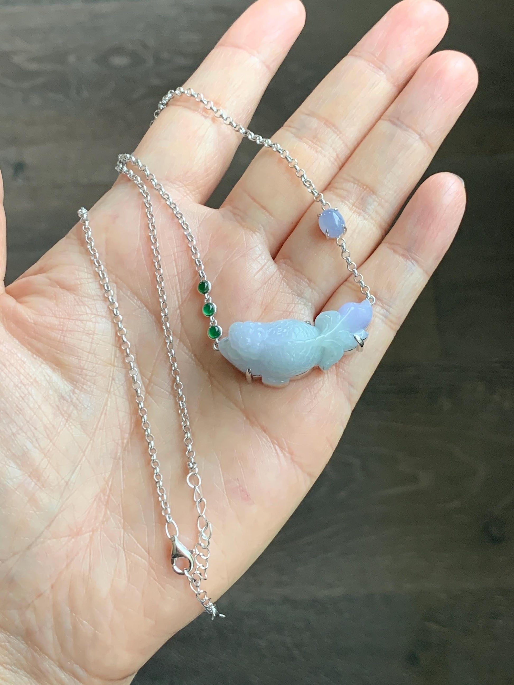 Certified Natural Grade A Icy Translucent Pastel Green Purple Jade Jadeite Goldfish Pendant Necklace Sterling Silver 16.5" 天然冰春彩翡翠金鱼锁骨链 172