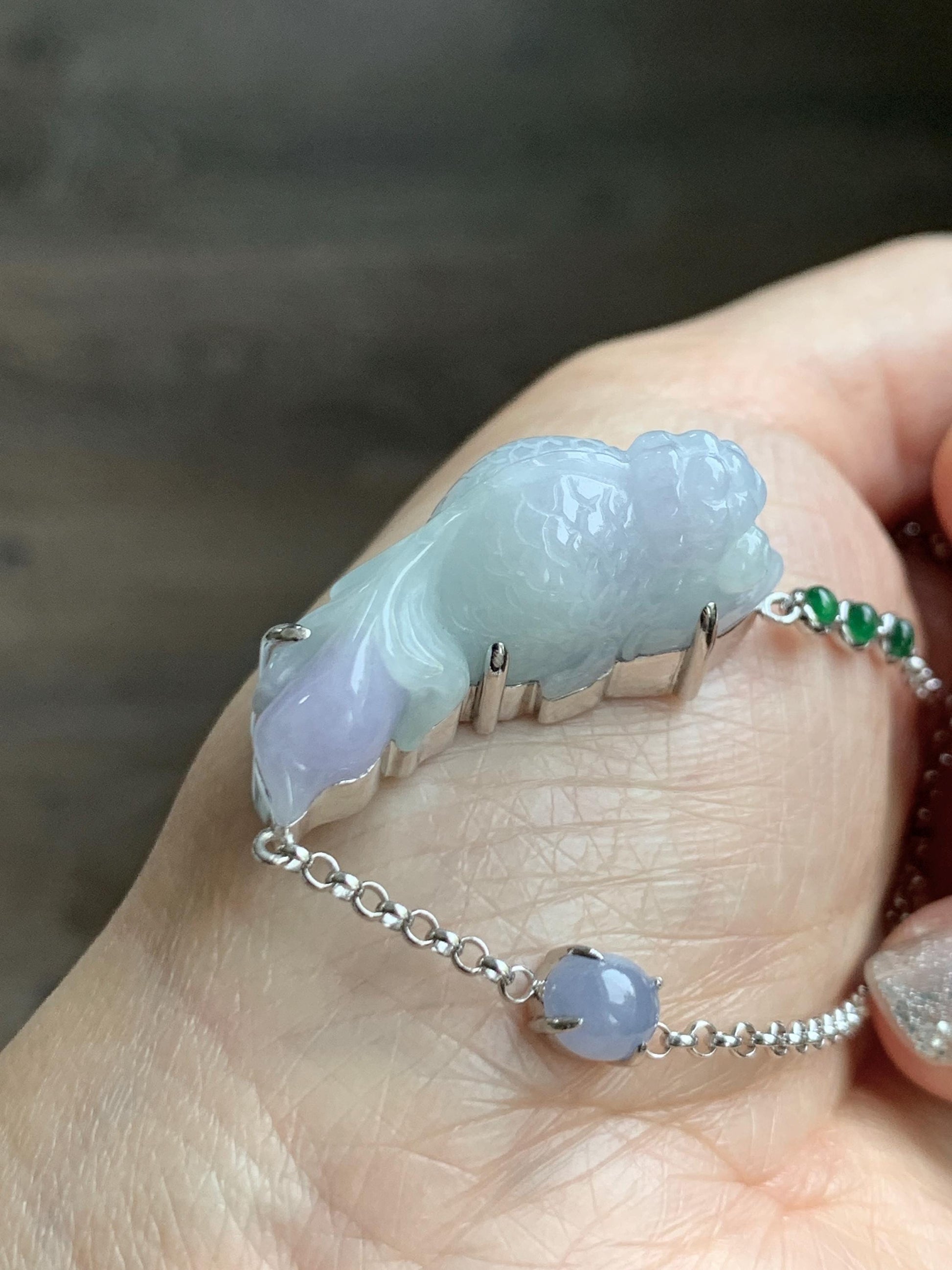 Certified Natural Grade A Icy Translucent Pastel Green Purple Jade Jadeite Goldfish Pendant Necklace Sterling Silver 16.5" 天然冰春彩翡翠金鱼锁骨链 172