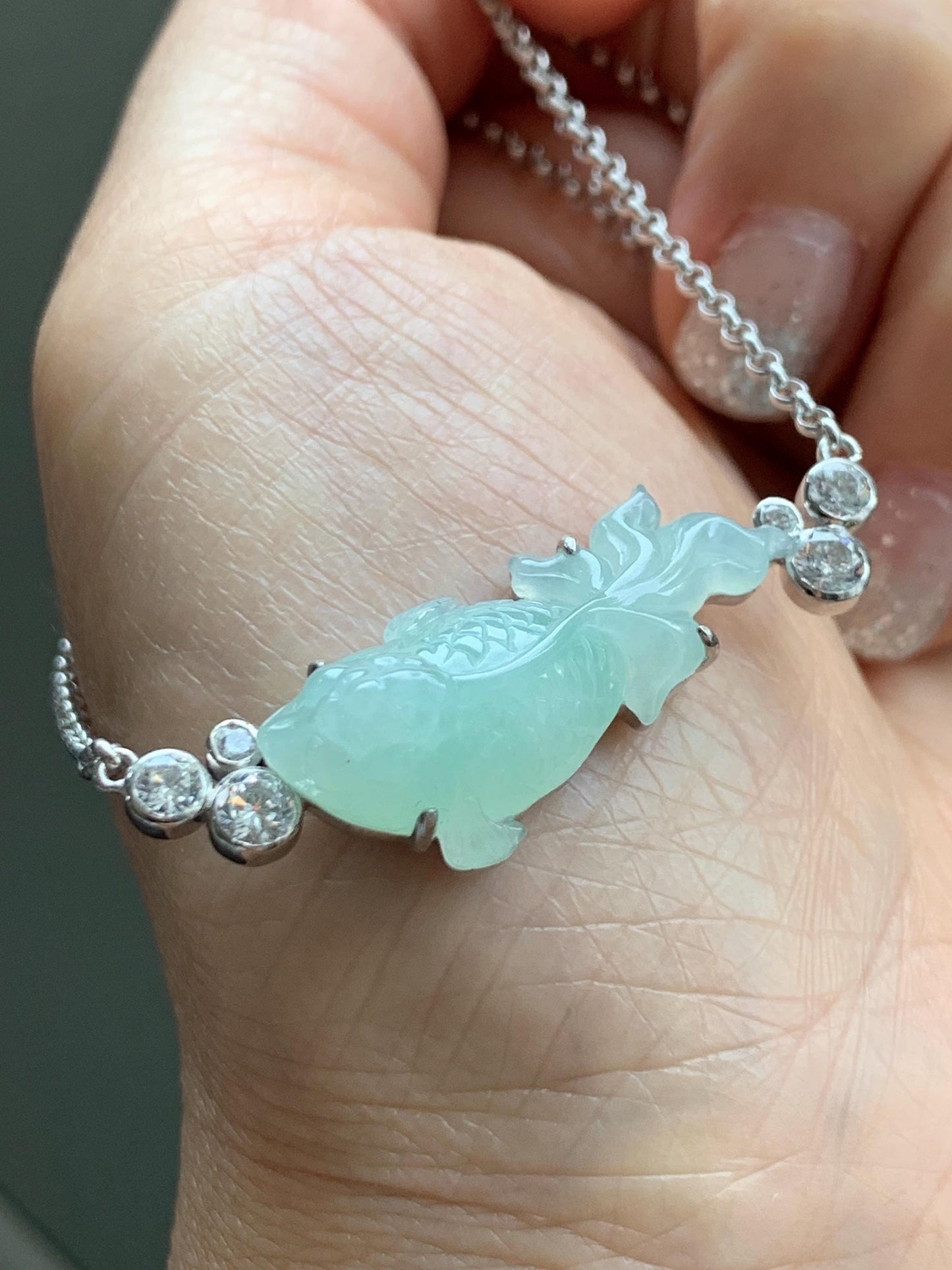 Certified Natural Grade A Icy Translucent Light Green Jade Jadeite Goldfish Pendant Necklace Sterling Silver 16"-18” 8.52g 天然冰胶晴色翡翠金鱼锁骨链 173