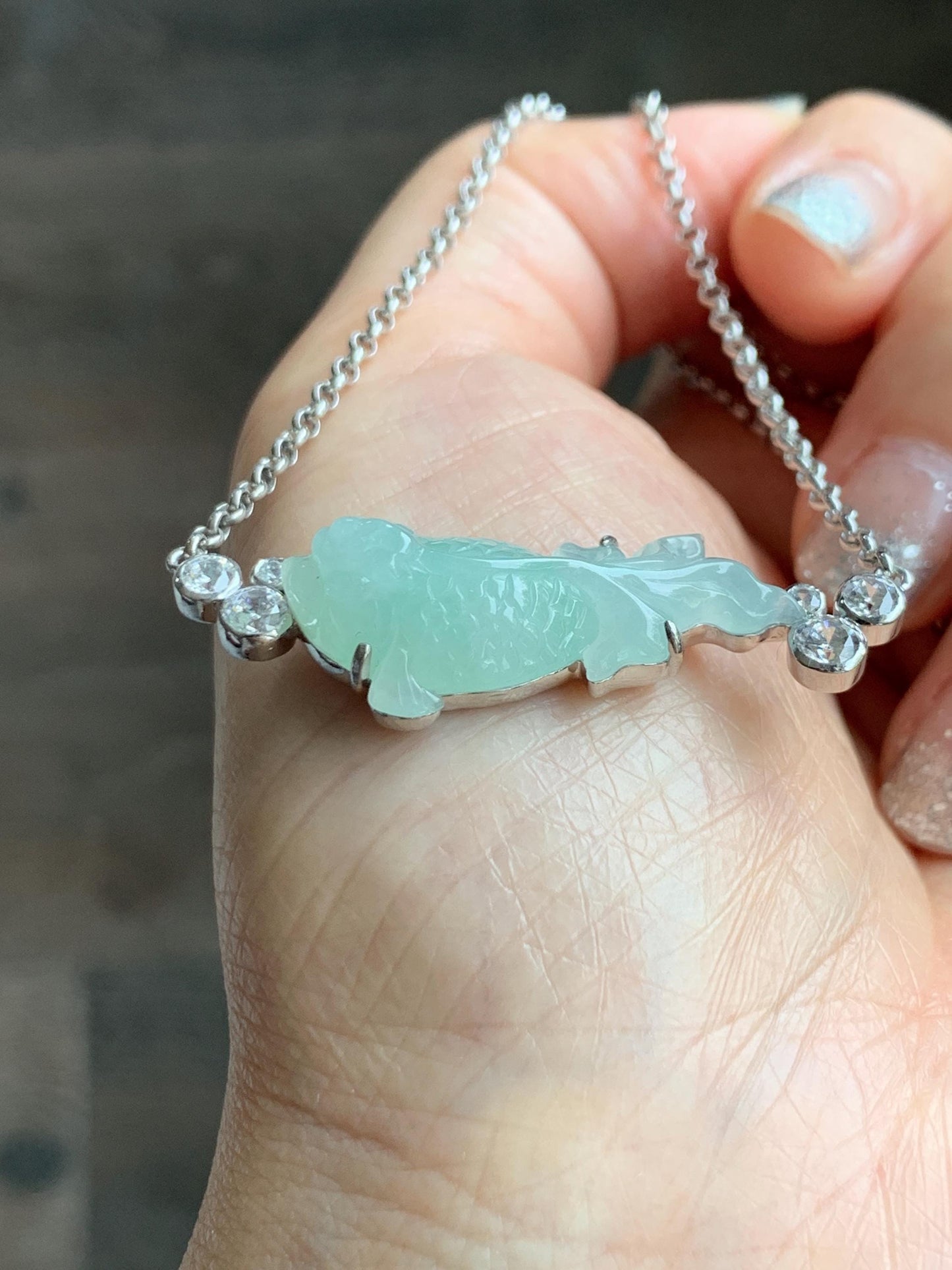 Certified Natural Grade A Icy Translucent Light Green Jade Jadeite Goldfish Pendant Necklace Sterling Silver 16"-18” 8.52g 天然冰胶晴色翡翠金鱼锁骨链 173