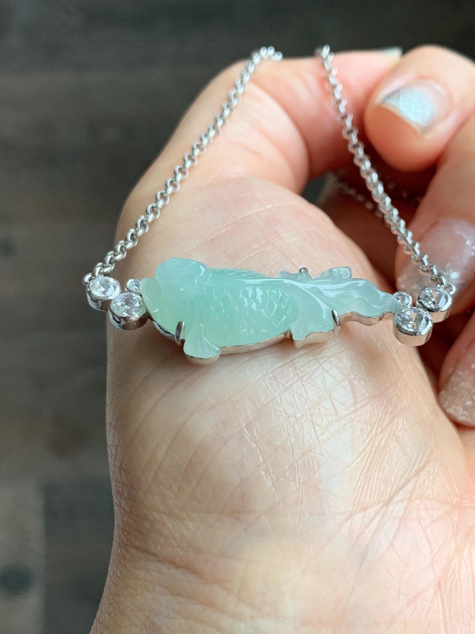 Certified Natural Grade A Icy Translucent Light Green Jade Jadeite Goldfish Pendant Necklace Sterling Silver 16"-18” 8.52g 天然冰胶晴色翡翠金鱼锁骨链 173
