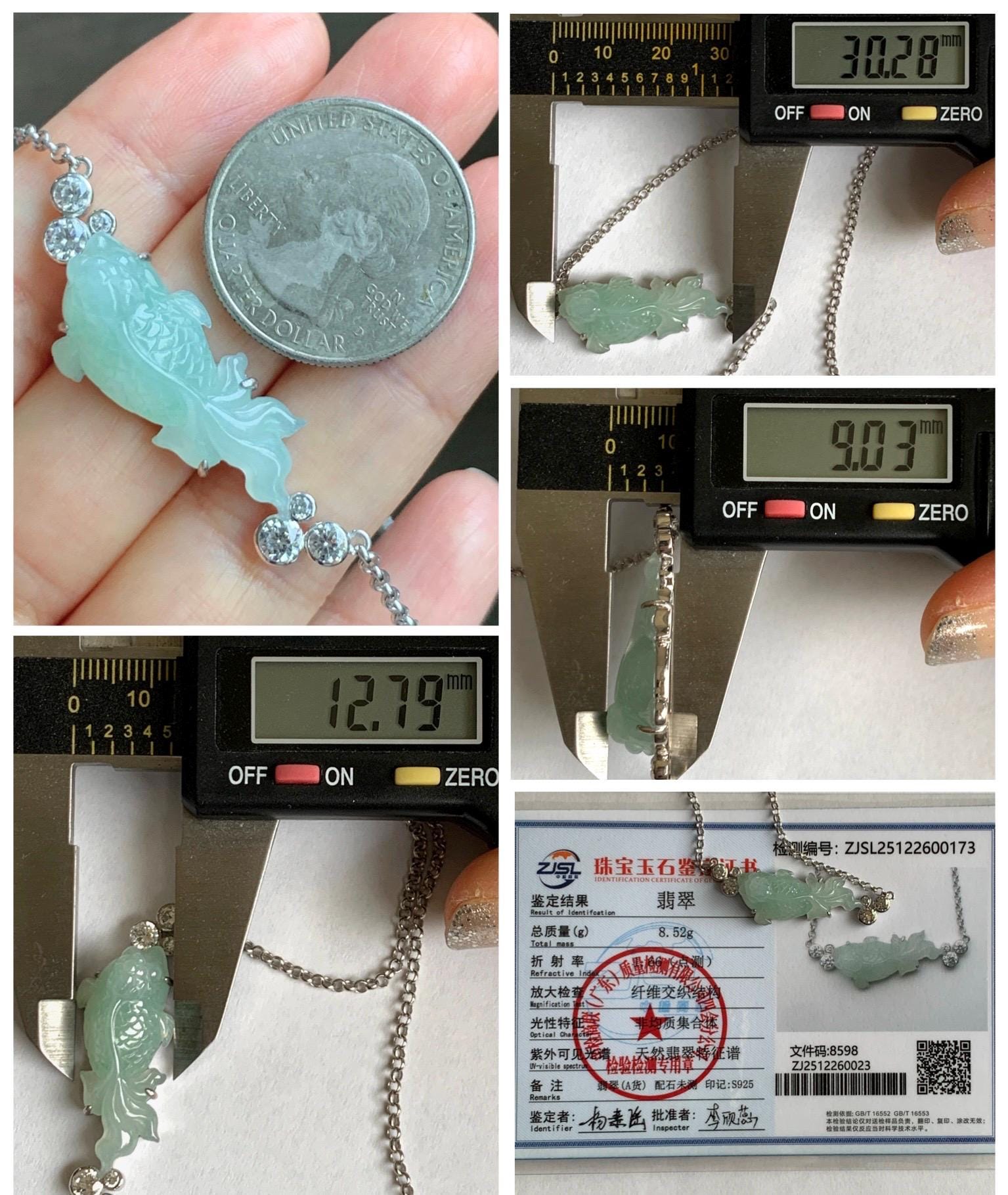 Certified Natural Grade A Icy Translucent Light Green Jade Jadeite Goldfish Pendant Necklace Sterling Silver 16"-18” 8.52g 天然冰胶晴色翡翠金鱼锁骨链 173