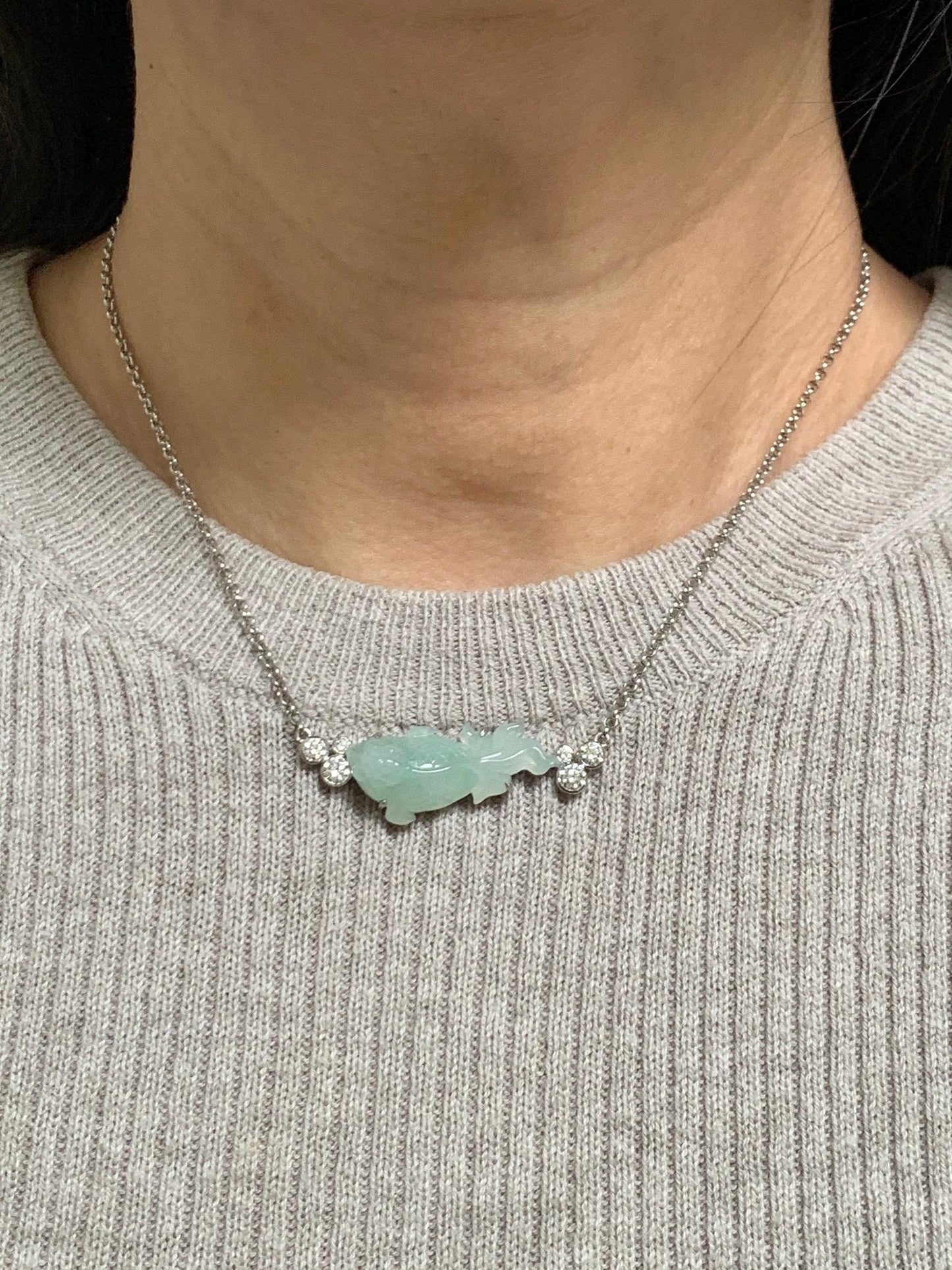 Certified Natural Grade A Icy Translucent Light Green Jade Jadeite Goldfish Pendant Necklace Sterling Silver 16"-18” 8.52g 天然冰胶晴色翡翠金鱼锁骨链 173