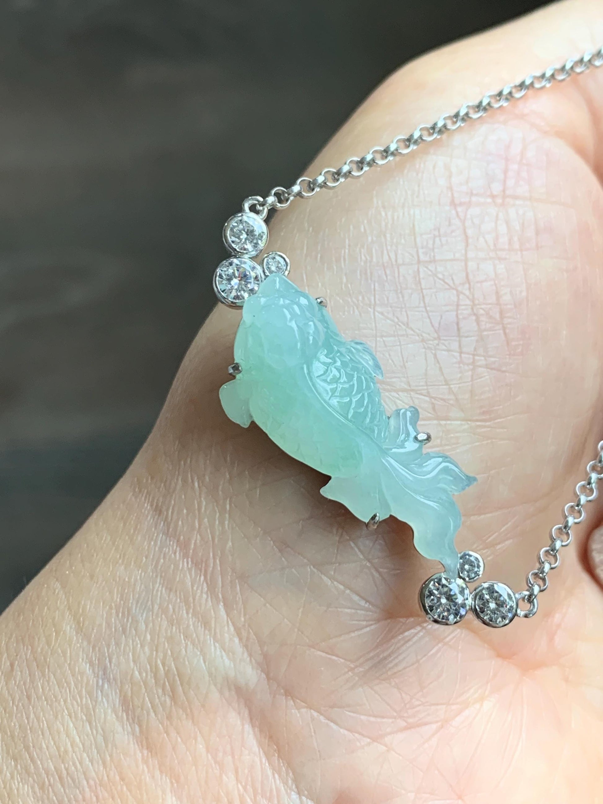 Certified Natural Grade A Icy Translucent Light Green Jade Jadeite Goldfish Pendant Necklace Sterling Silver 16"-18” 8.52g 天然冰胶晴色翡翠金鱼锁骨链 173