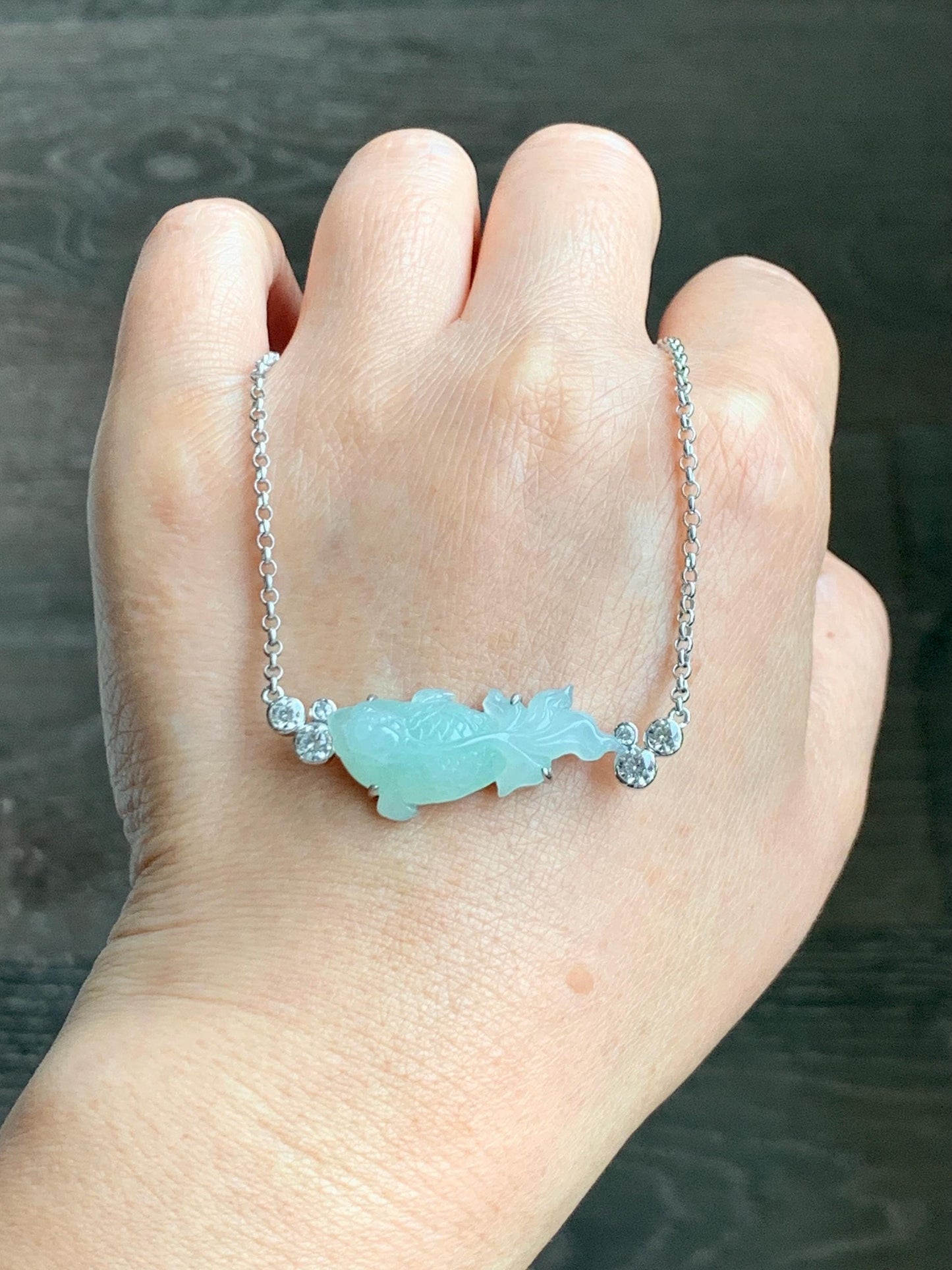 Certified Natural Grade A Icy Translucent Light Green Jade Jadeite Goldfish Pendant Necklace Sterling Silver 16"-18” 8.52g 天然冰胶晴色翡翠金鱼锁骨链 173