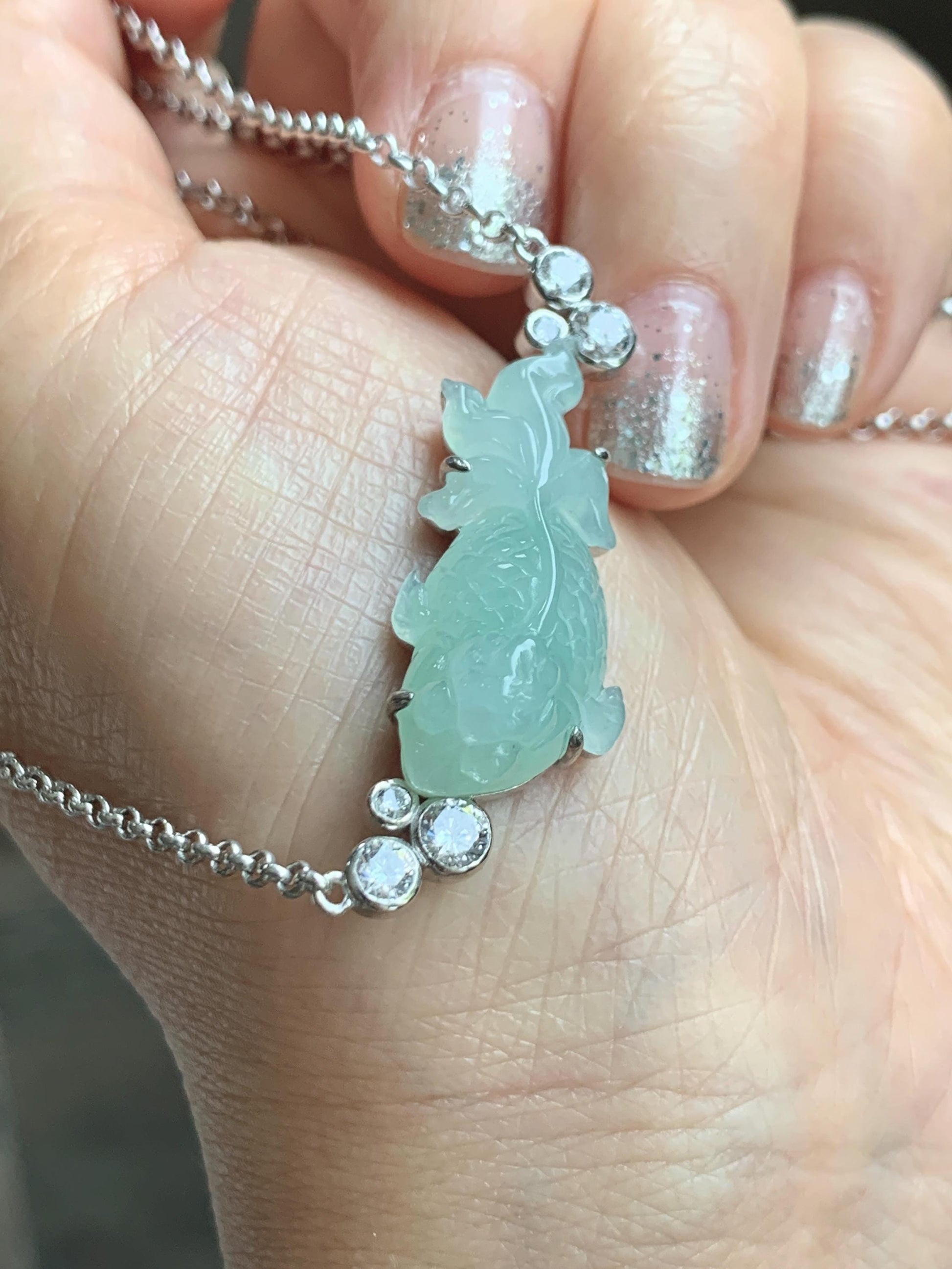 Certified Natural Grade A Icy Translucent Light Green Jade Jadeite Goldfish Pendant Necklace Sterling Silver 16"-18” 8.52g 天然冰胶晴色翡翠金鱼锁骨链 173
