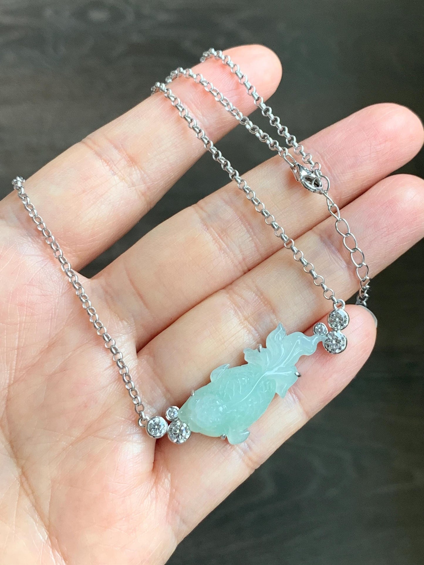 Certified Natural Grade A Icy Translucent Light Green Jade Jadeite Goldfish Pendant Necklace Sterling Silver 16"-18” 8.52g 天然冰胶晴色翡翠金鱼锁骨链 173