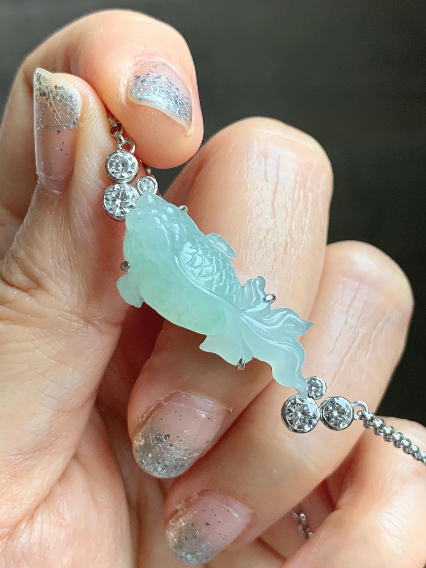 Certified Natural Grade A Icy Translucent Light Green Jade Jadeite Goldfish Pendant Necklace Sterling Silver 16"-18” 8.52g 天然冰胶晴色翡翠金鱼锁骨链 173