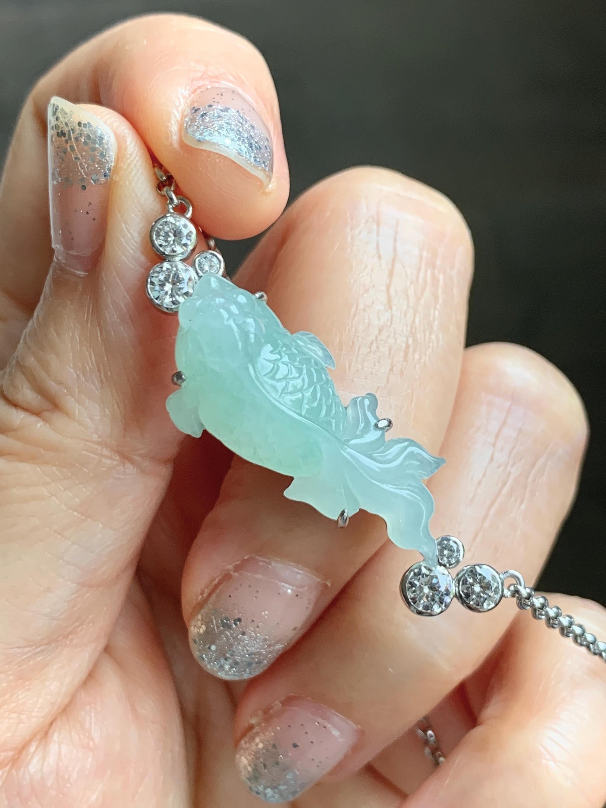 Certified Natural Grade A Icy Translucent Light Green Jade Jadeite Goldfish Pendant Necklace Sterling Silver 16"-18” 8.52g 天然冰胶晴色翡翠金鱼锁骨链 173