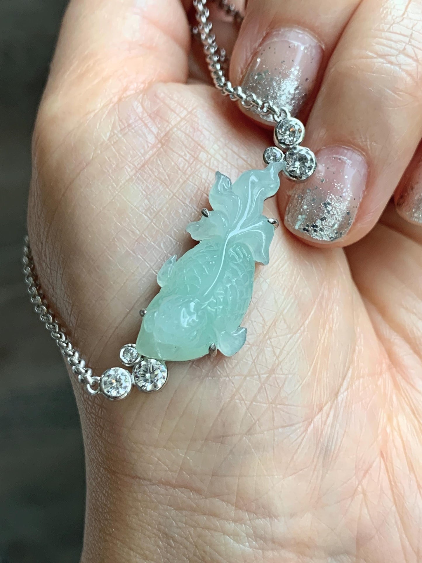 Certified Natural Grade A Icy Translucent Light Green Jade Jadeite Goldfish Pendant Necklace Sterling Silver 16"-18” 8.52g 天然冰胶晴色翡翠金鱼锁骨链 173
