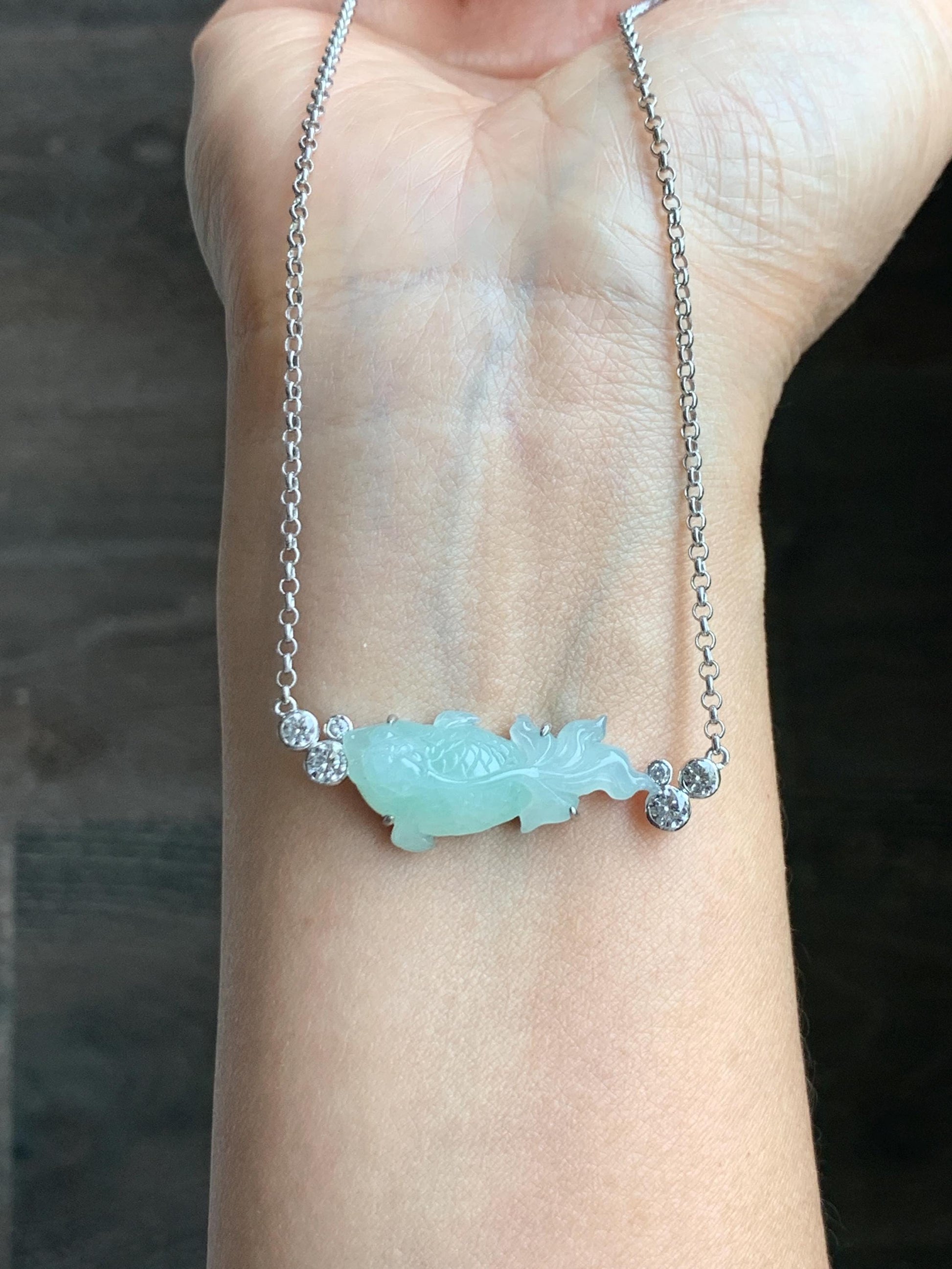 Certified Natural Grade A Icy Translucent Light Green Jade Jadeite Goldfish Pendant Necklace Sterling Silver 16"-18” 8.52g 天然冰胶晴色翡翠金鱼锁骨链 173