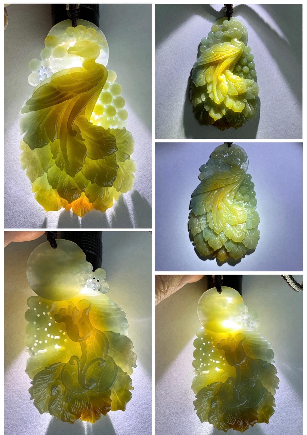 Certified Natural Grade A Icy Translucent Dusty Blue Yellow Bicolored Jadeite Carved Phoenix Pendant Rope Necklace 28” 天然冰危蓝加黄翡翠凤凰吊坠项链 487
