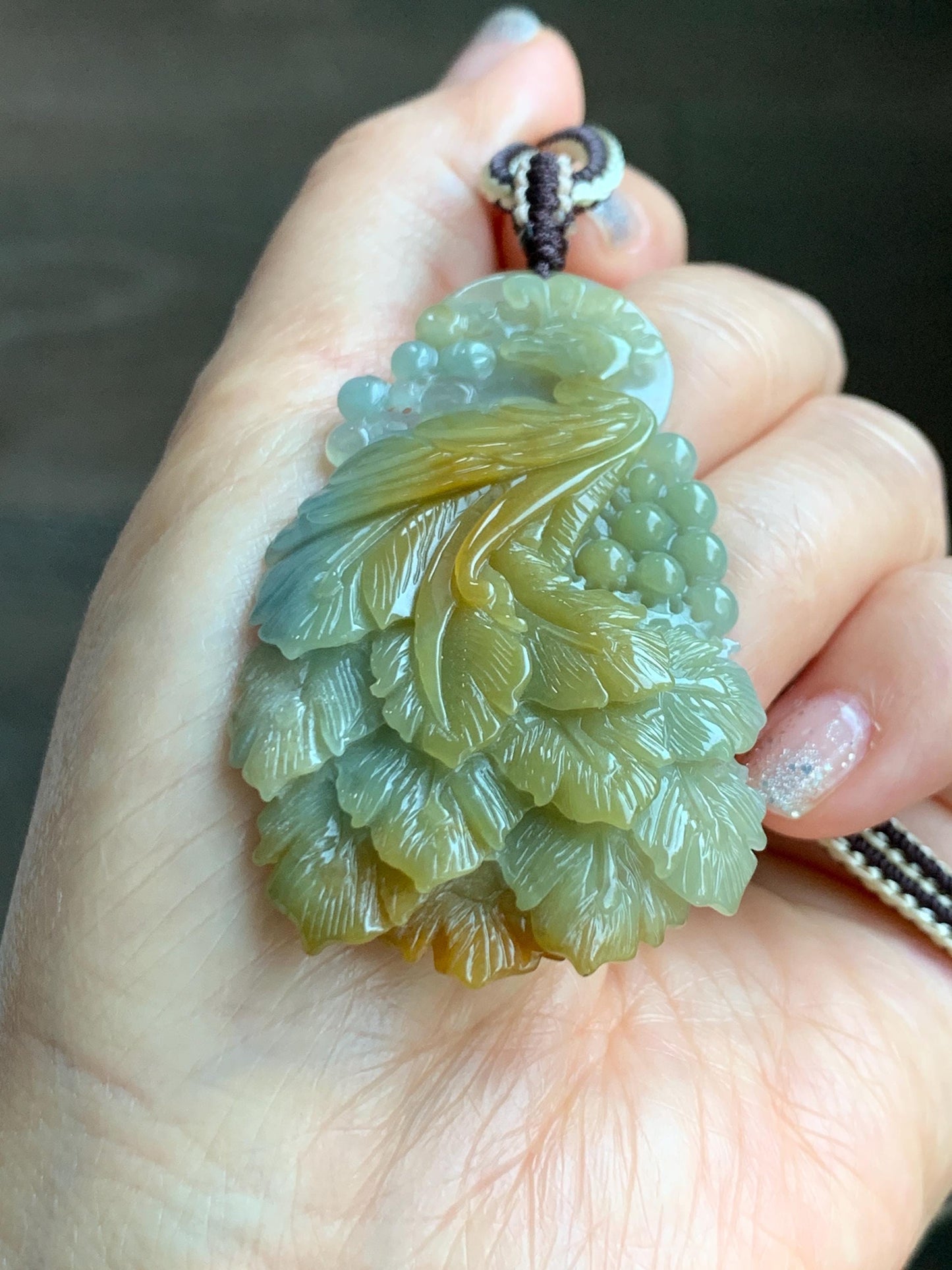 Certified Natural Grade A Icy Translucent Dusty Blue Yellow Bicolored Jadeite Carved Phoenix Pendant Rope Necklace 28” 天然冰危蓝加黄翡翠凤凰吊坠项链 487