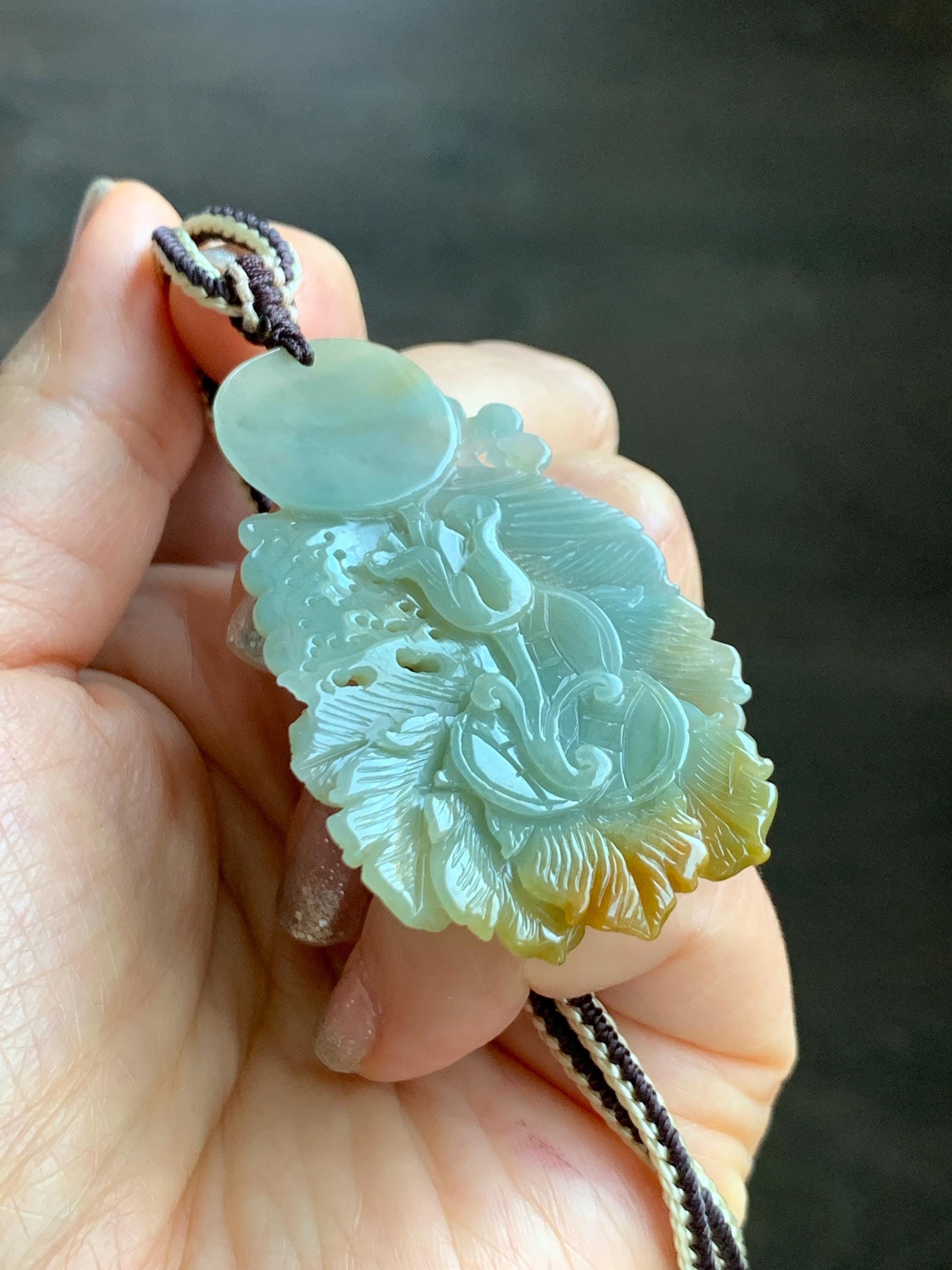Certified Natural Grade A Icy Translucent Dusty Blue Yellow Bicolored Jadeite Carved Phoenix Pendant Rope Necklace 28” 天然冰危蓝加黄翡翠凤凰吊坠项链 487