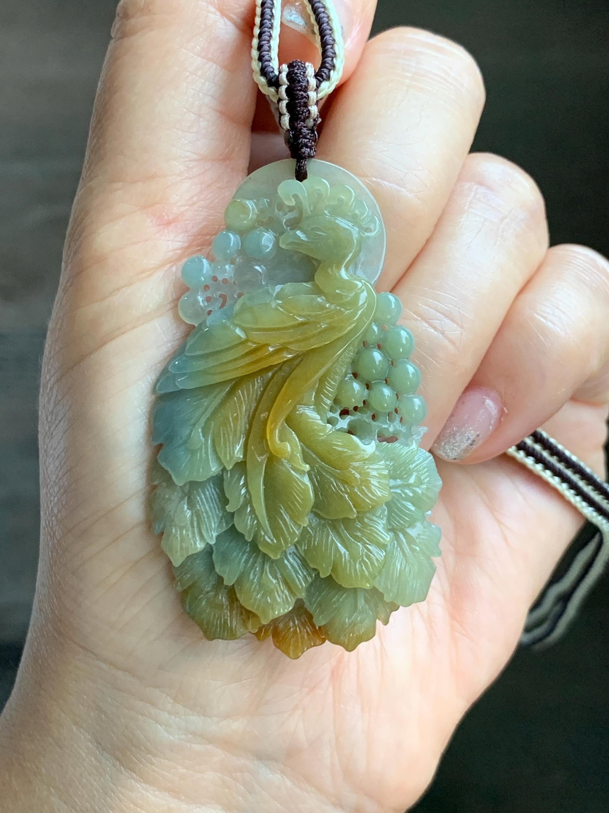 Certified Natural Grade A Icy Translucent Dusty Blue Yellow Bicolored Jadeite Carved Phoenix Pendant Rope Necklace 28” 天然冰危蓝加黄翡翠凤凰吊坠项链 487