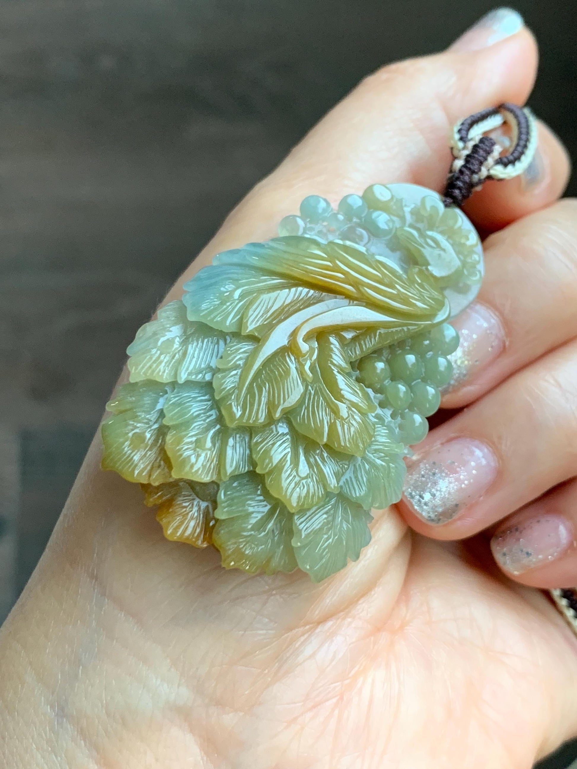 Certified Natural Grade A Icy Translucent Dusty Blue Yellow Bicolored Jadeite Carved Phoenix Pendant Rope Necklace 28” 天然冰危蓝加黄翡翠凤凰吊坠项链 487