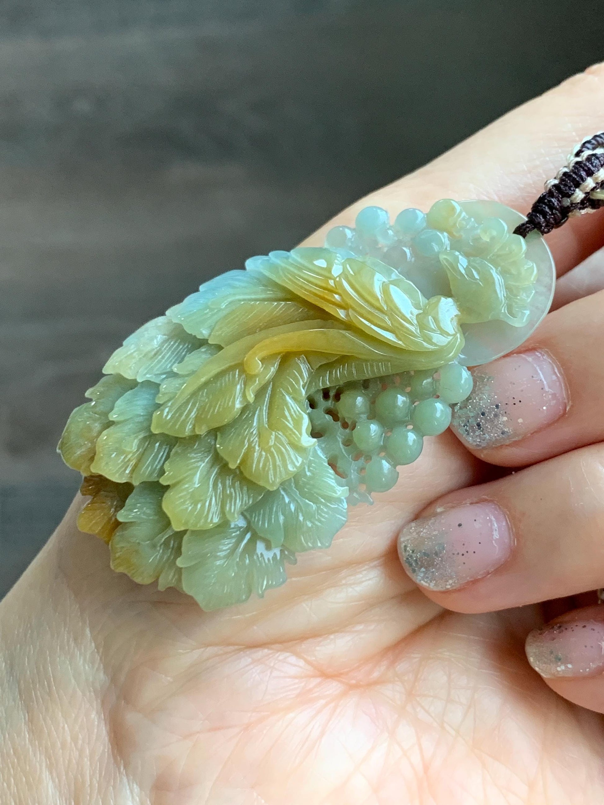 Certified Natural Grade A Icy Translucent Dusty Blue Yellow Bicolored Jadeite Carved Phoenix Pendant Rope Necklace 28” 天然冰危蓝加黄翡翠凤凰吊坠项链 487